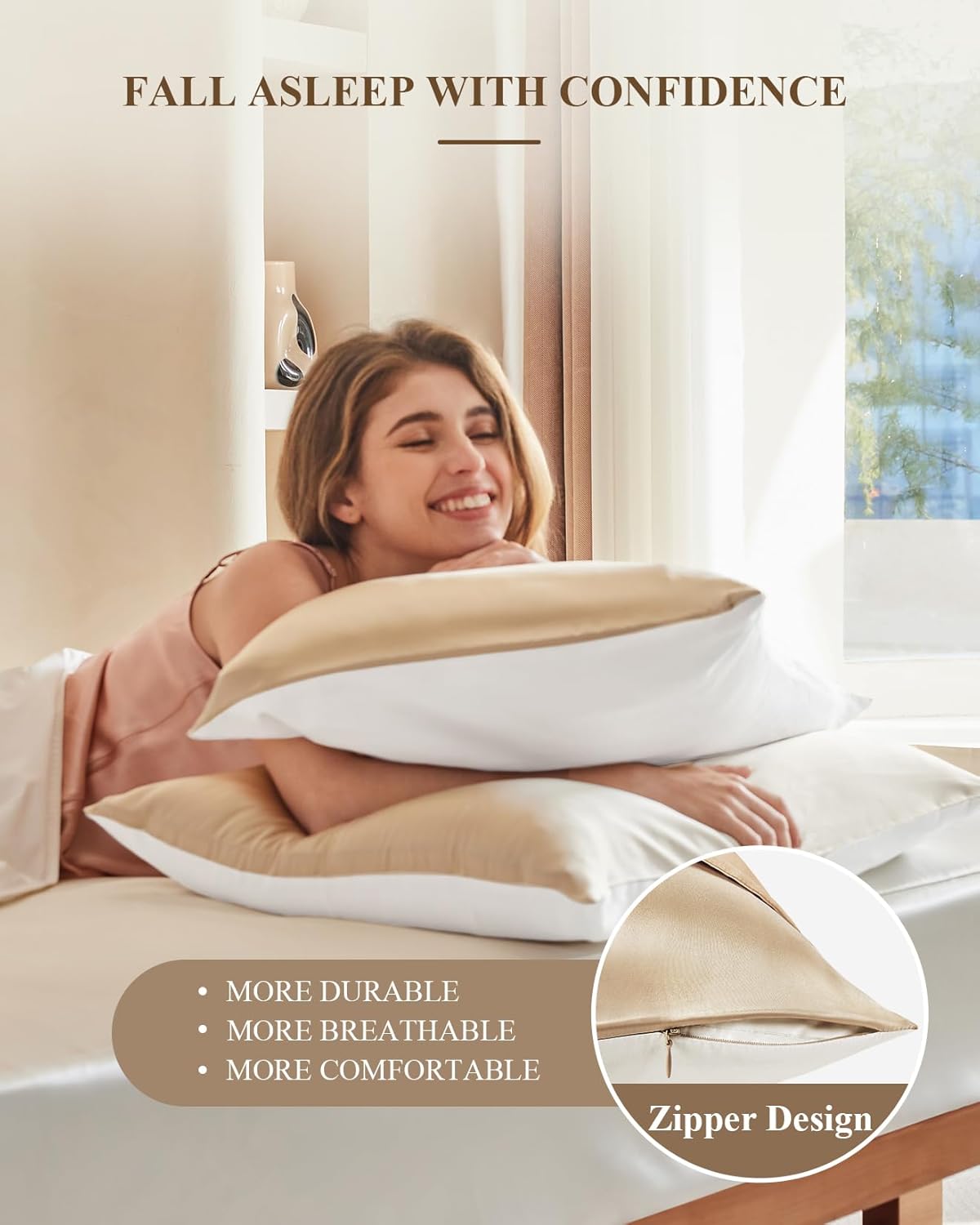 THXSILK 100% Mulberry Silk Pillowcase with Cotton Underside, Silk Pillowcase for Hair and Skin, Standard Size Grade 6A+ Silk, Soft Breathable Pillow Cover with Zipper, 1 Pack (Champagne,Standard)