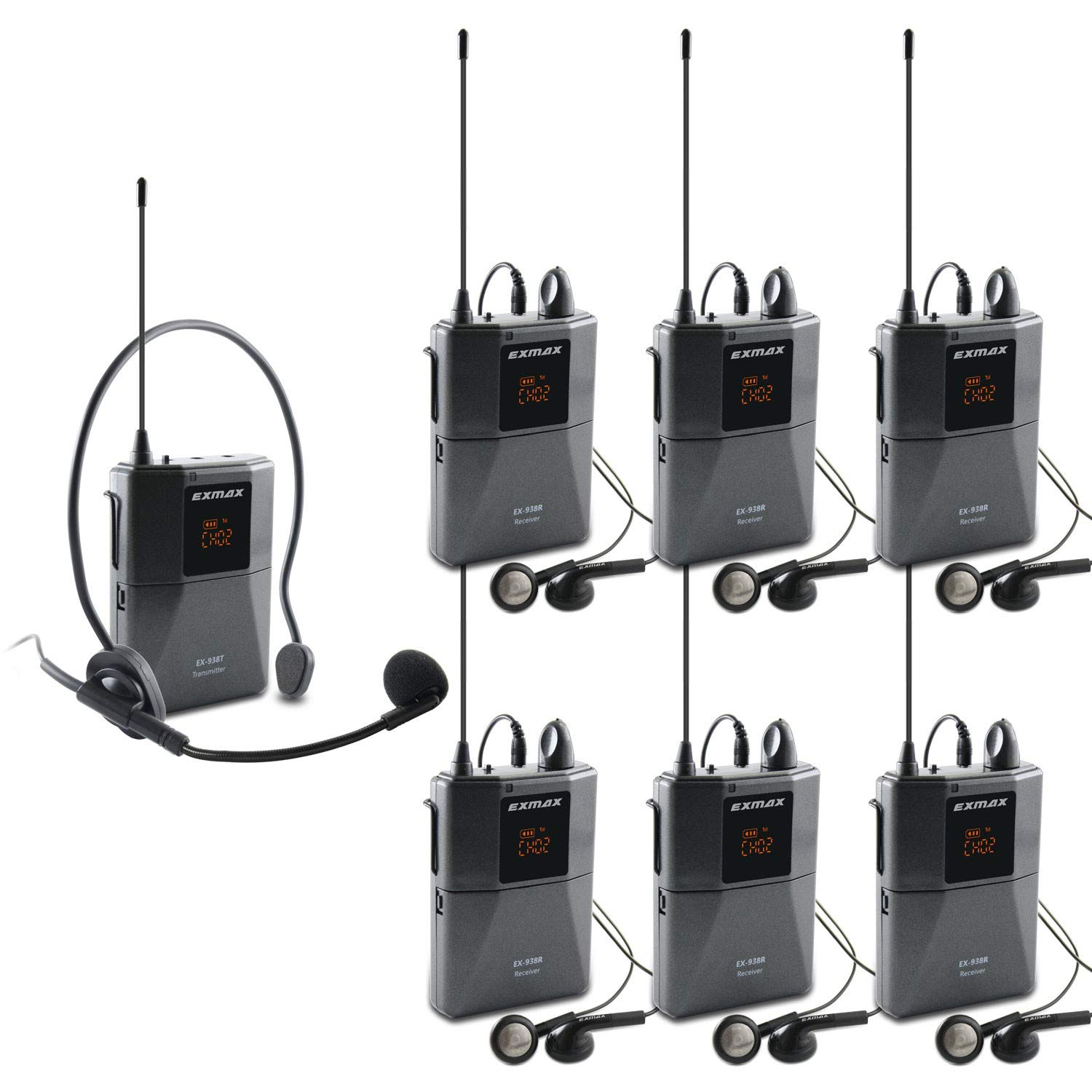 EXMAX EX-938 UHF Voice Acoustic Transmission Wireless Church Translation System for Simultaneous Translation Government Visitant Reception Court of Law Social Distancing - 1 Transmitter & 6 Receivers