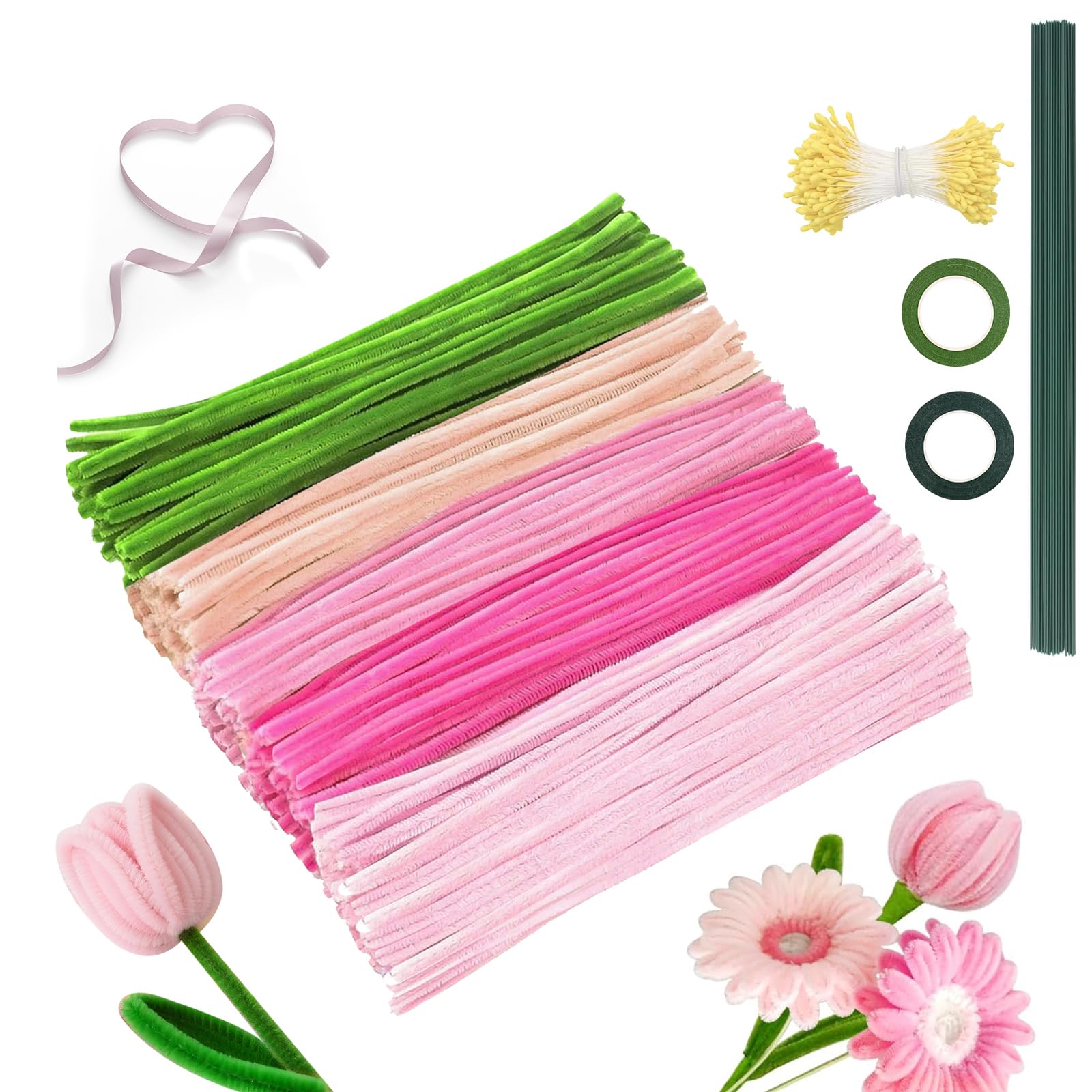 Pfeifenreiniger Pfeifenputzer zum Basteln Blumen: 500 Pfeifenreiniger Blumen Set mit 20 grünen Gel-Blumenstäben, Pipe Cleaner Flower Set für handgefertigte Blumensträuße und DIY-Dekorationen