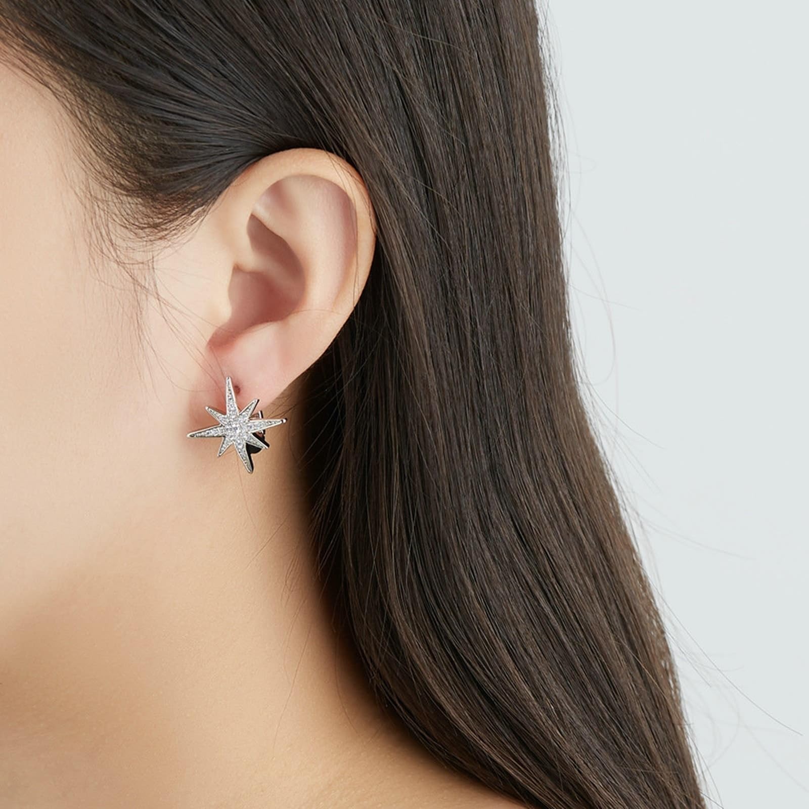 Pendientes de aro de oro blanco 18 K Au750 para mujer, diseño de estrella de diamante, oro 750