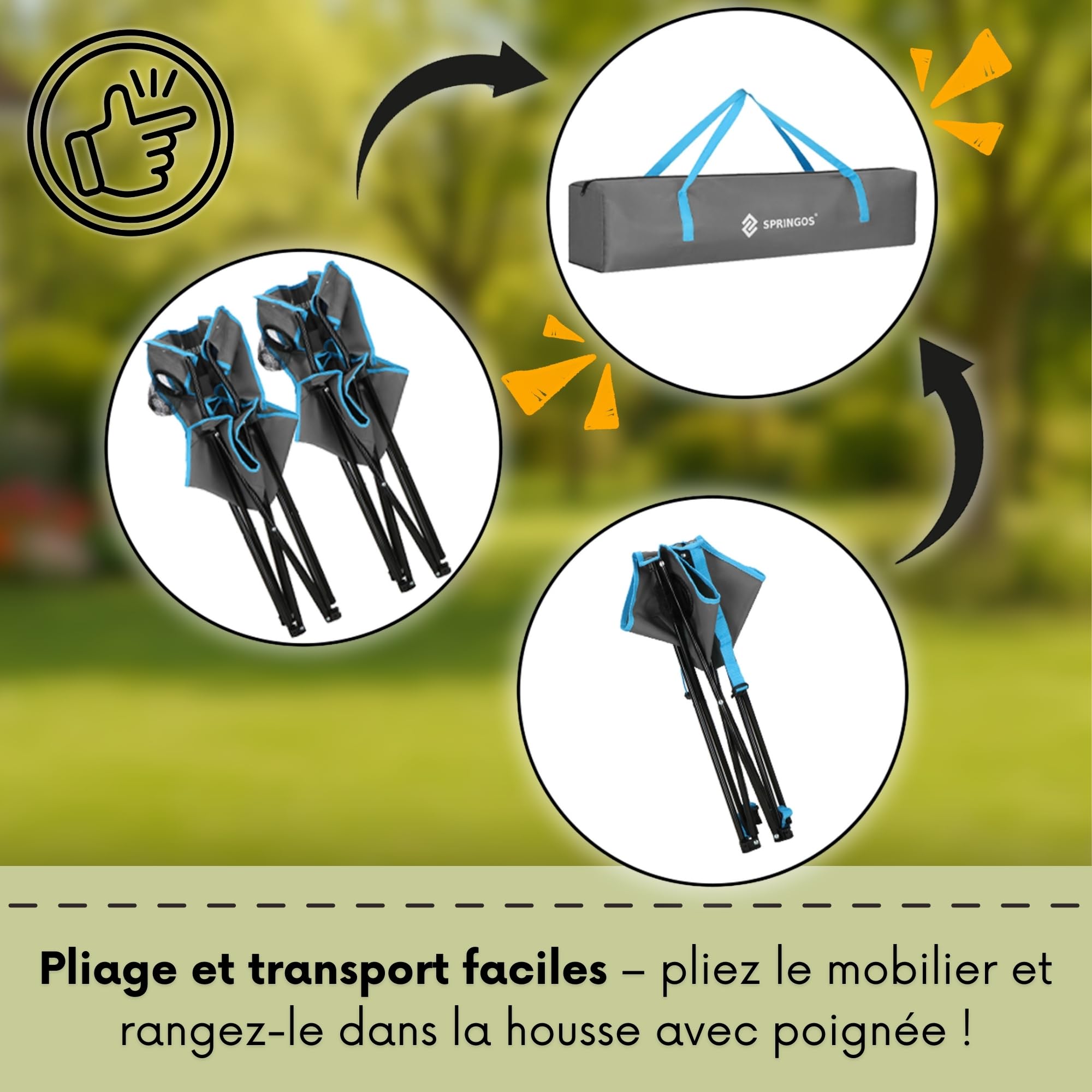 SPRINGOS Ensemble Camping Pliant 3 Pièces – Table + 2 Chaises avec Porte-Gobelet, Sac Transport, Réglage Hauteur – Pêche Festival Jardin Balcon Plage