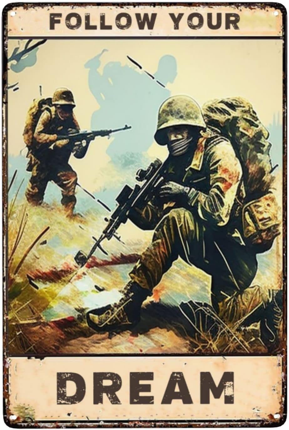 Kisoyo Tin-12 Metal Sign Cave Follow Your Dream Coffee Bar Decor Soldiers On The Battlefield Hunting Themed Man Cave War Scenes Billiard Club Sign Militaristic Realism Bedroom Aesthetic Plaque 8X12 Inch