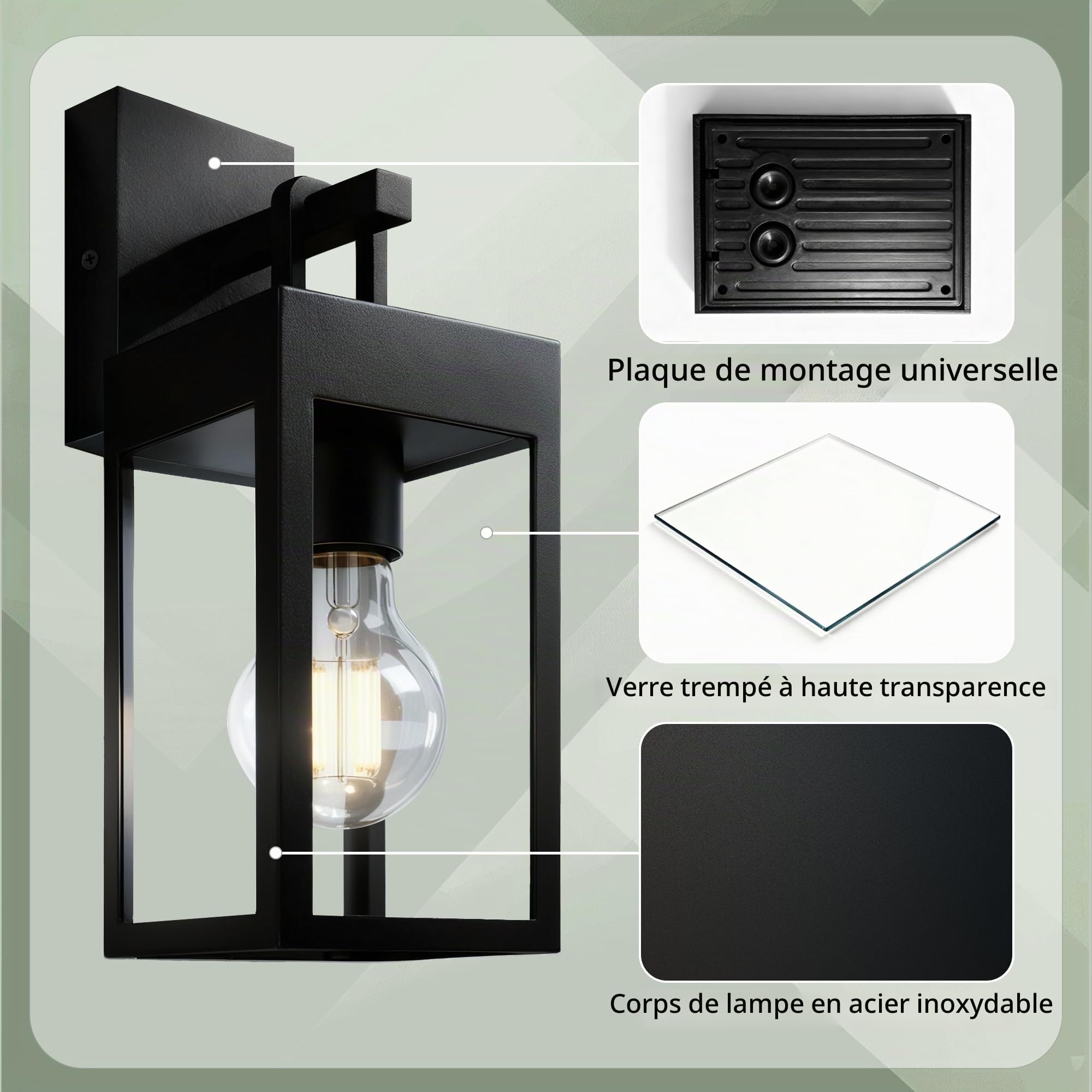 JNR Applique murale extérieure, Acier Inoxydable Laterna E27, Noir