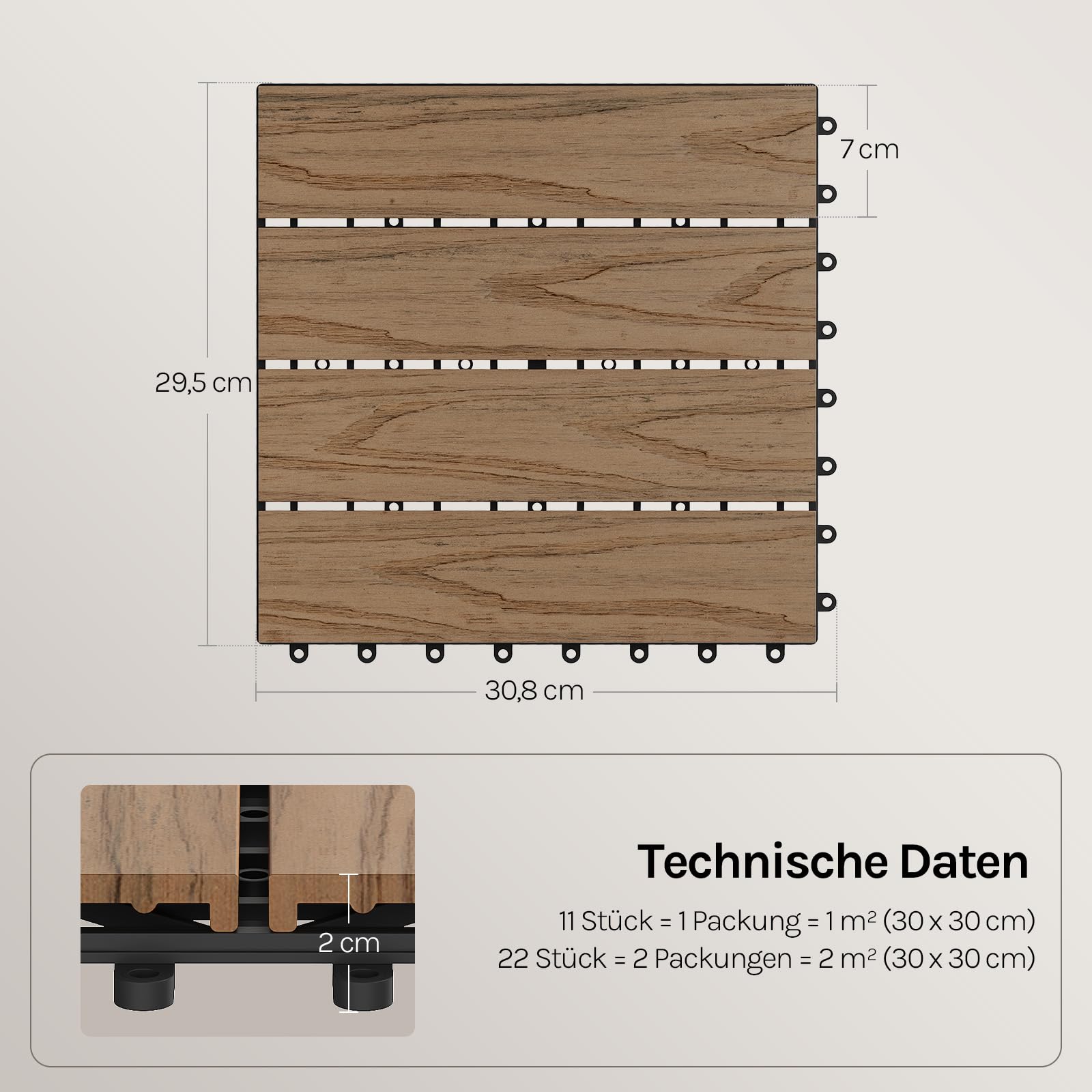 WOLTU 22 x Premium WPC Terrassenfliesen 30x30cm Holz Optik mit Relief, Balkonfliesen Garten Fliesen Bodenbelag Braun (2 m²)