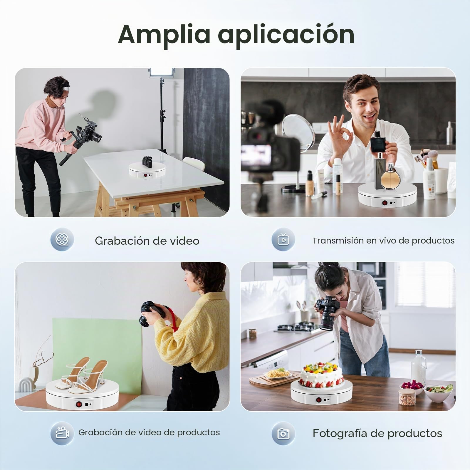 Base Giratorio Eléctrico, Couleeur 30CM 100KG y Recargable Plato Giratorio para Fotografía, Dirección y Velocidad de 360° Ajustable Plataforma Giratoria con 5 Tableros de Fondo para Exhibir Joyas