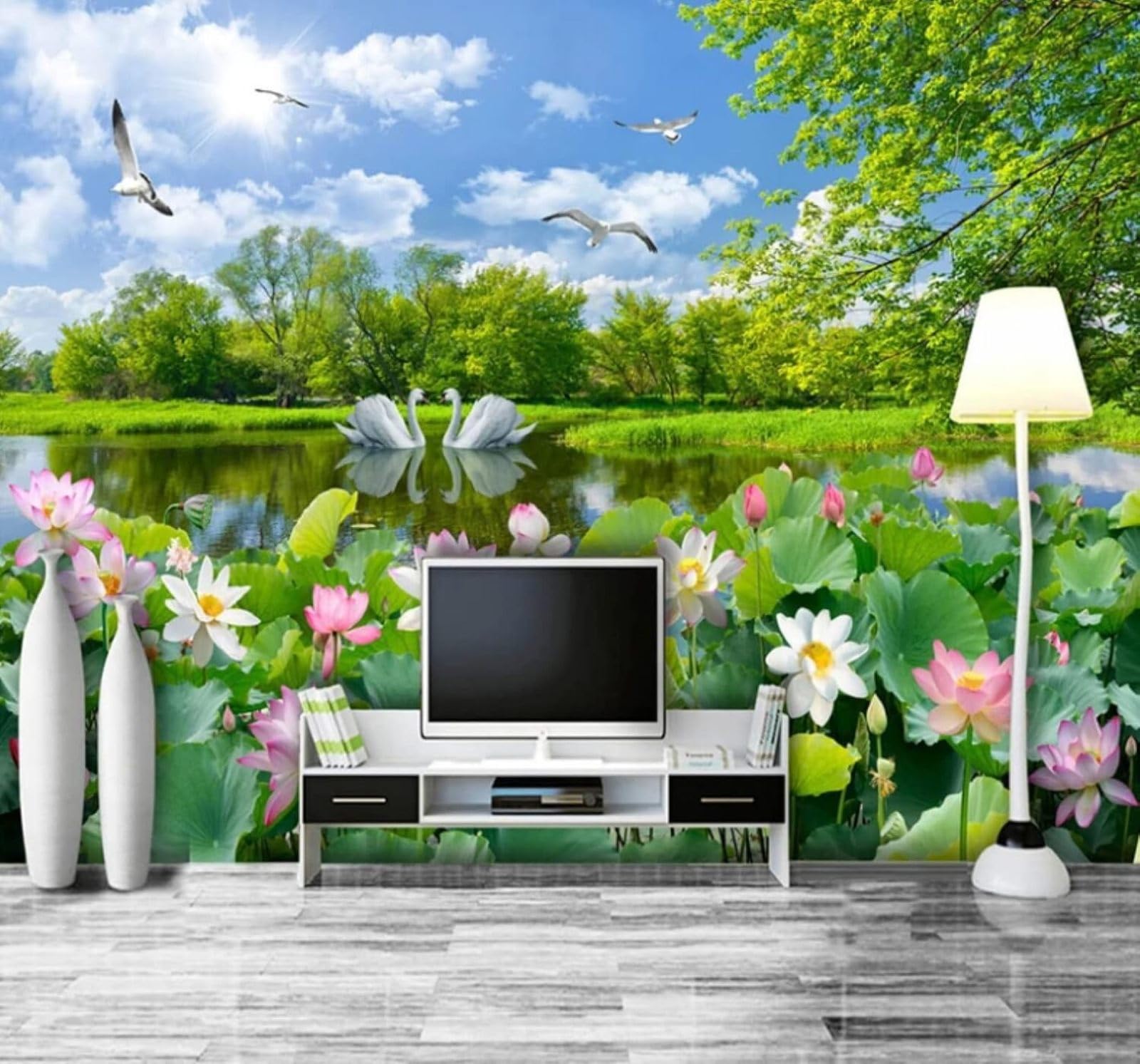 Fresh Lotus Swans Lakes Natural Scenery 3D Wallpaper Easy Install Feature Office Living Room Sofa Bedroom TV Background Wall Decoration-400cm×280cm