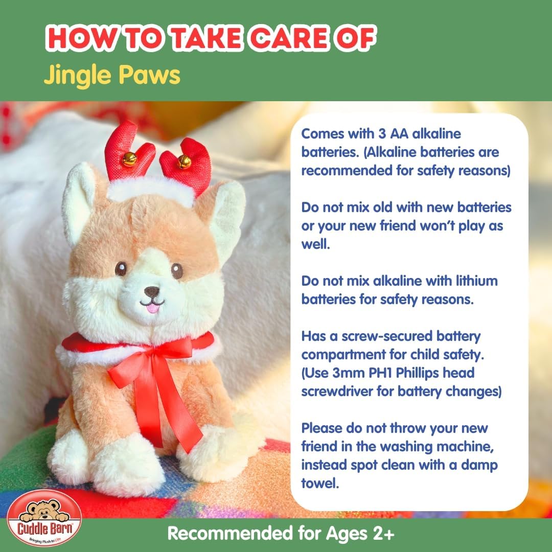 Cuddle Barn - Jingle Paws | Animated Christmas Musical Plush Toy - Shiba Inu Puppy Barks Deck The Halls and Twirls, Gift for Toddlers, Kids, Adults - 13 inches