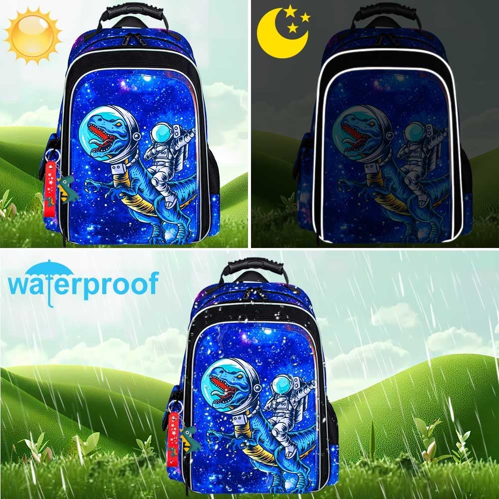 UFNDC Dinosaurier-Rucksack für Jungen, Vorschul-Büchertasche mit Lunchbox, 40,6 cm, wasserabweisend, Schultasche für Grundschulkinder, 3 Stück, Dinosaurier-Astronaut, 40,6 cm, Einheitsgröße,