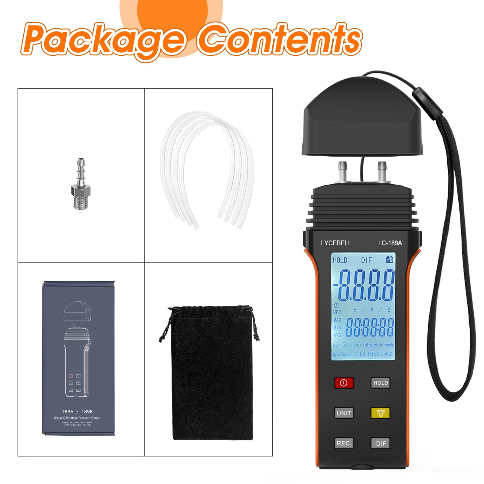 LC-189A Manometer, Digitales Luftdruckmessgerät, Differenzdruckmessgerät, HVAC-Gasdruckmessgerät, Geeignet für die Luftdruckmessung (Schwarz + Orange)