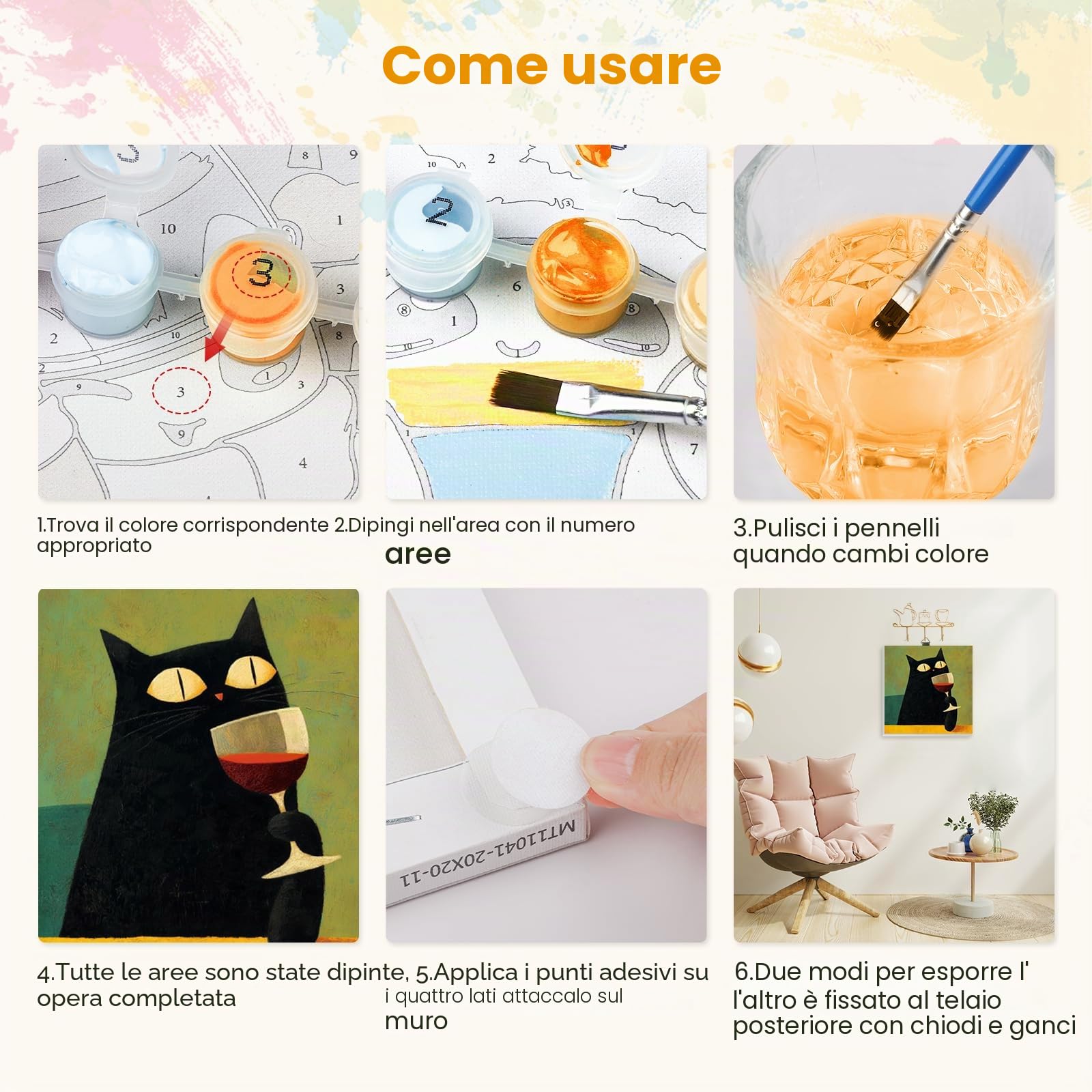 EOBROMD 4 Pezzi Gatto Dipingere con i Numeri Adulti con Telaio, Animale Elegante Paint by Numbers, Kit di Pittura acrilica Fai-da-Te per Adulti con Pennelli Pittura a Pigmento Acrilico 20x20cm