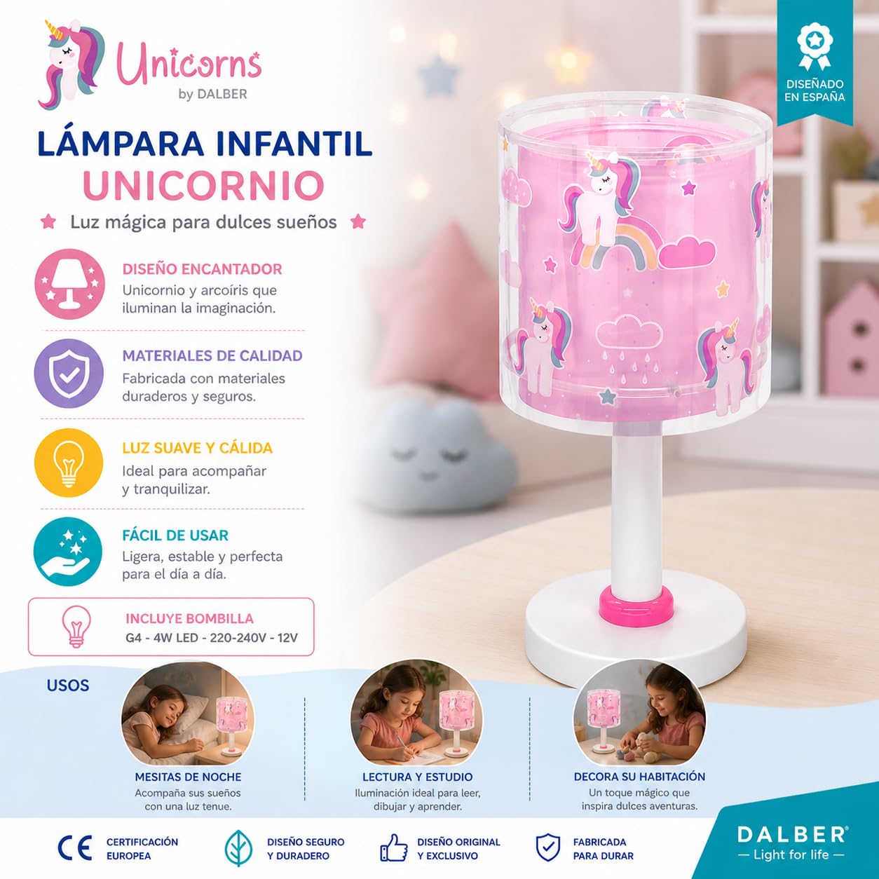 Dalber Lámpara Infantil de Mesilla Unicorns Unicornios 41591N G4 | Lámpara infantil de mesa o mesita; lámparas infantiles; G4 4W LED - Bombilla incluida; Luz Quitamiedos