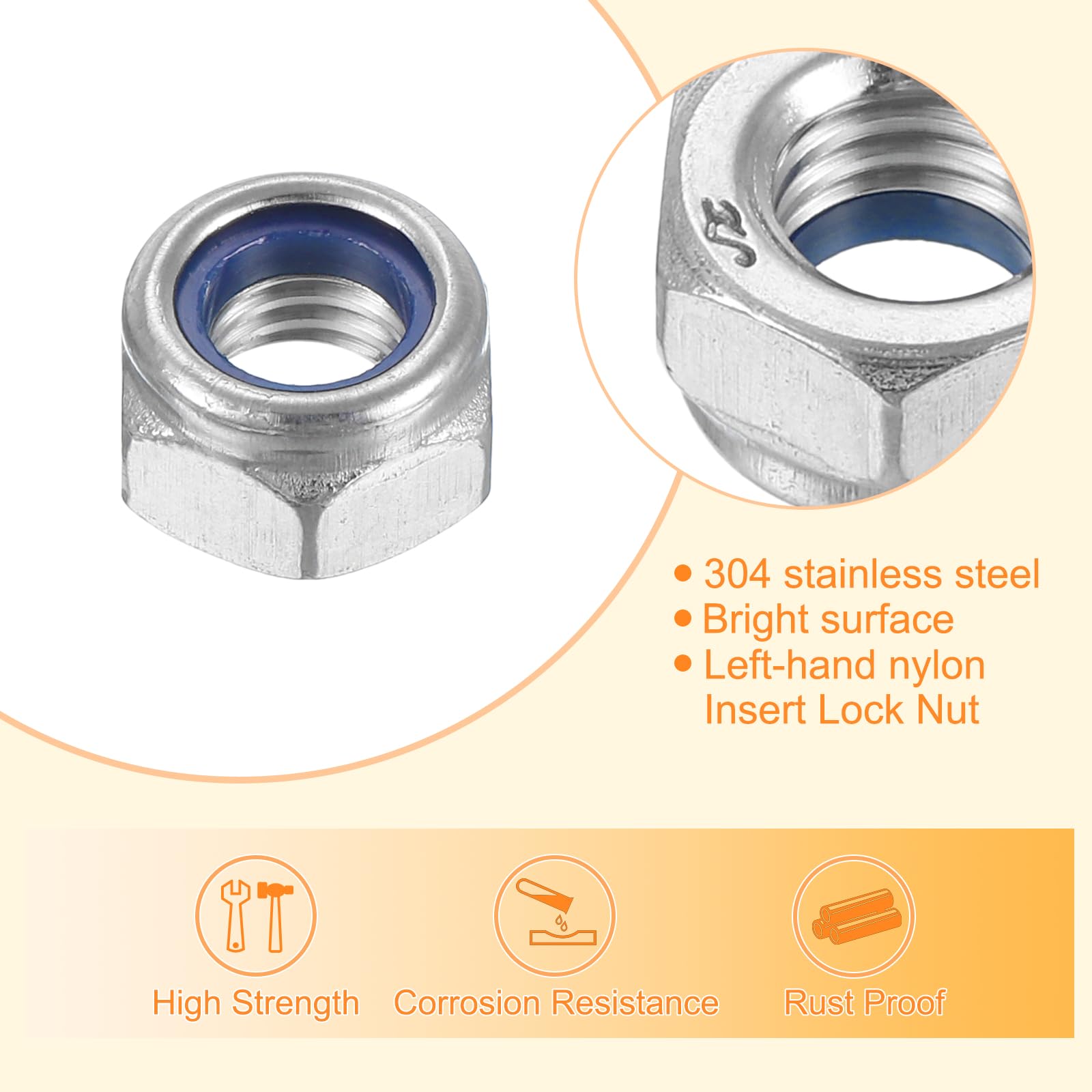 QUARKZMAN Mano Sinistra Blocco Dadi M8x1,25mm 304 Acciaio Inox Filettatura Esagono Nylon Inserto Blocco Dado per Assemblaggio e Fissaggio Argento 10pz