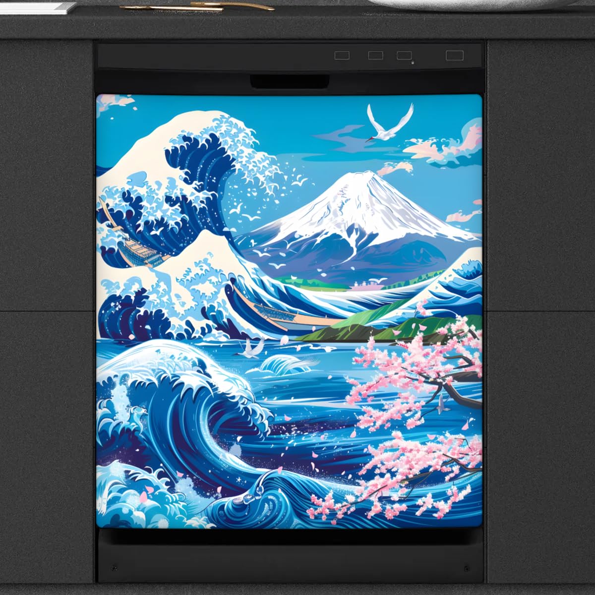 Dishwasher Magnet Cover Big Wave Japan Magnetic Sticker Refrigerator Decorative Cover Reusable Fridge Appliance Magnet Home Kitchen Holiday Decor 23x26 inch
