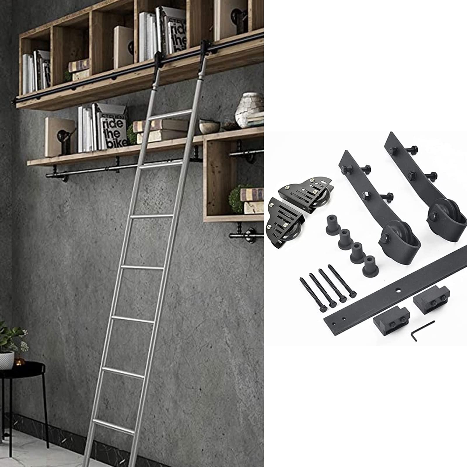 Riel para escalera rodante de acero robusto kit de 10 pies y ruedas