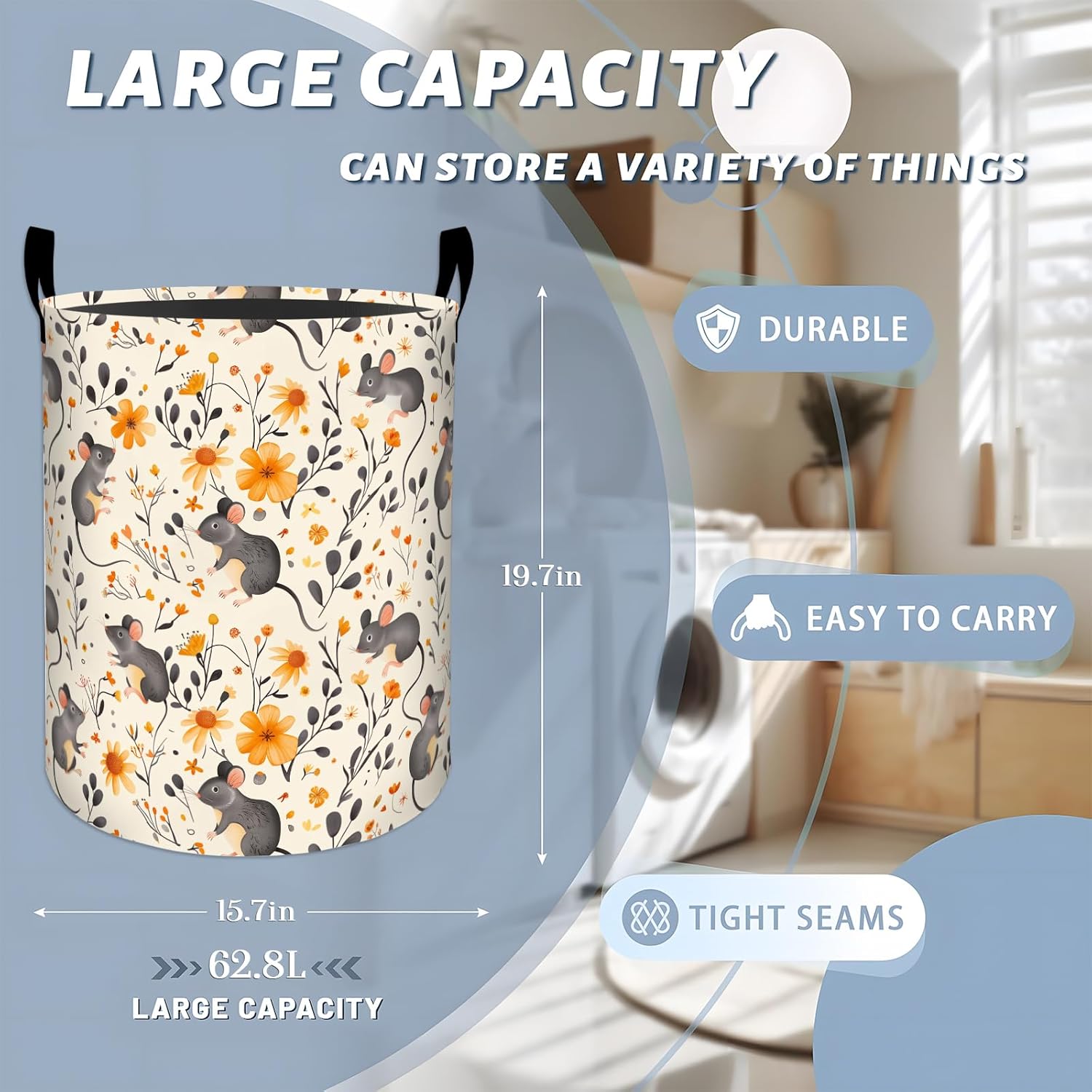 Playful Mouse and Yellow Flowers Laundry Basket with Handles, 19.7"x15.7" Clothes Foldable Laundry Hamper Organizer for Dorm Nursery Bedroom Bathroom Decor, Toy Storage Bin for Kids