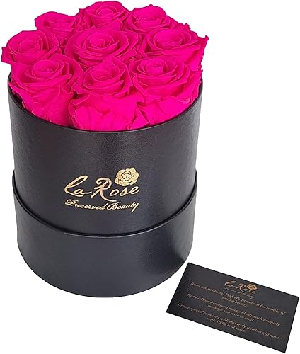 9 rosas rosadas XL perfumadas naturalmente preservadas en caja de lujo para sombreros redondos, hecha a mano en Ecuador