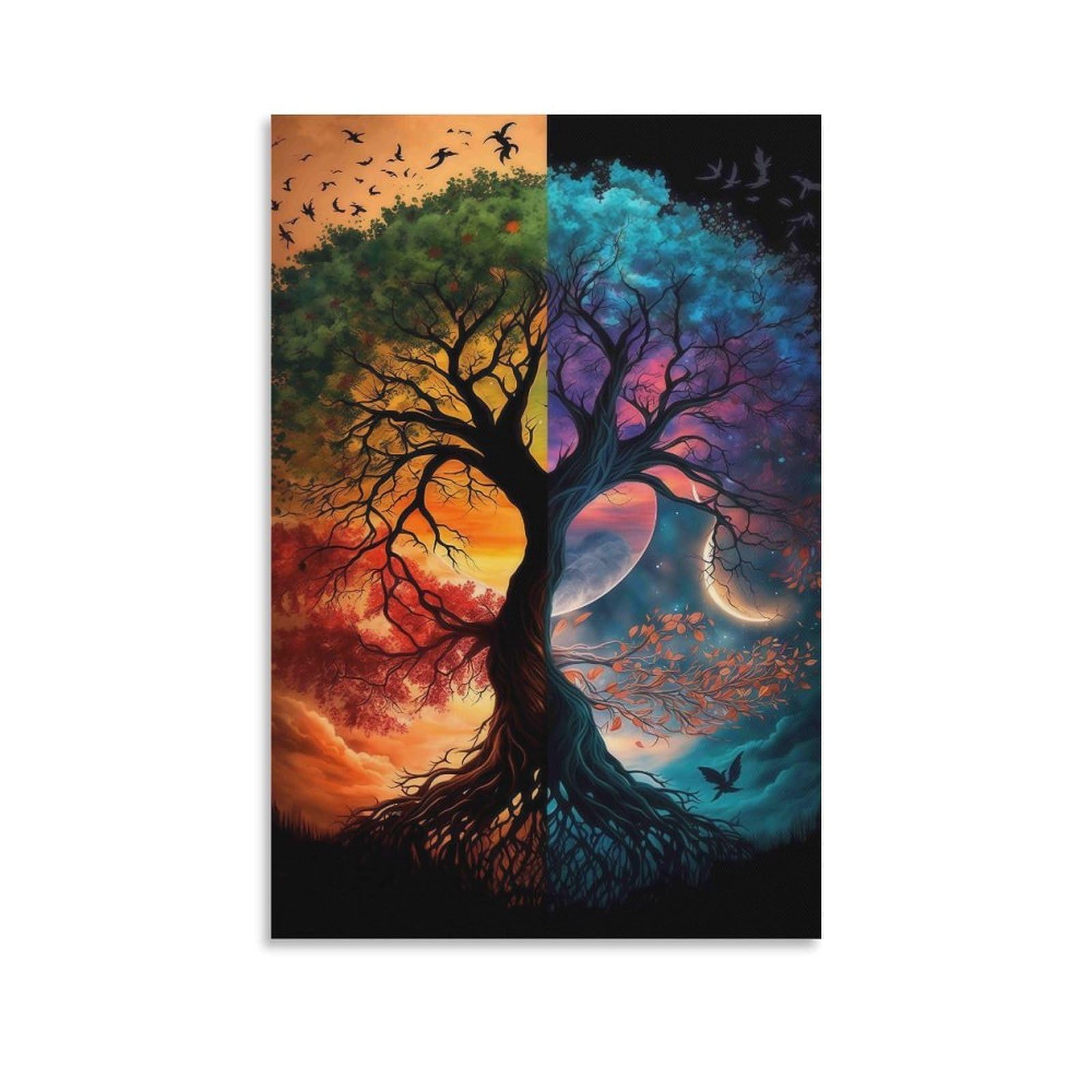 DHBANEIOK Dual Tree Sunset Moon Poster Artwork Canvas Prints Picture Modern Wall Art Picture Wall Hanging for Living Room Bedroom Home Decorations 12x18inch(30x45cm)