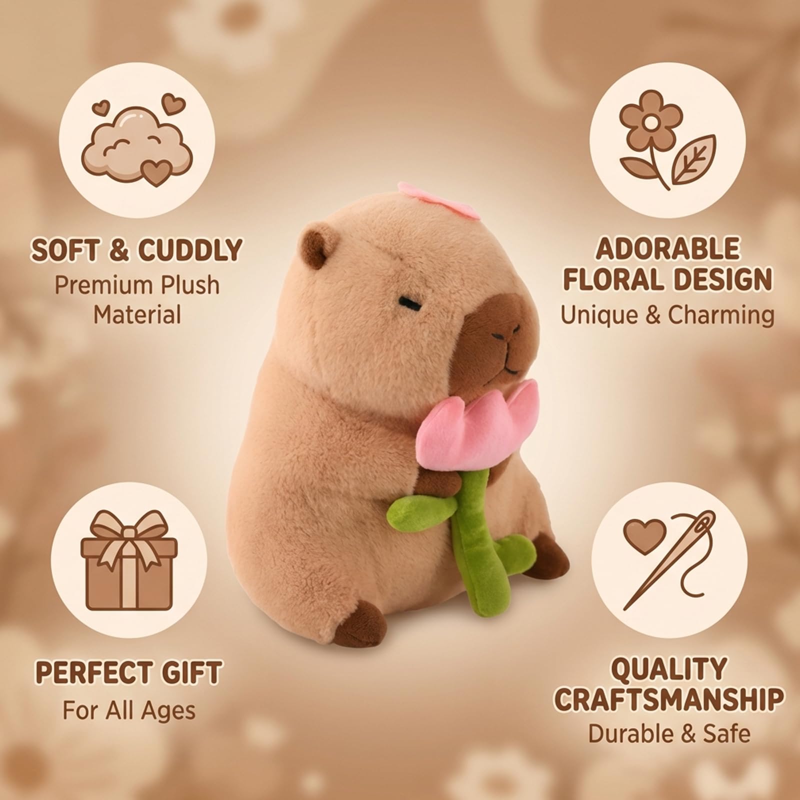 BFSYRR Capybara Plush, 23 Cm Cute Stuffed Animal with Floral Design, Soft Cuddly Companion for Playtime and Gift Giving - Image 3