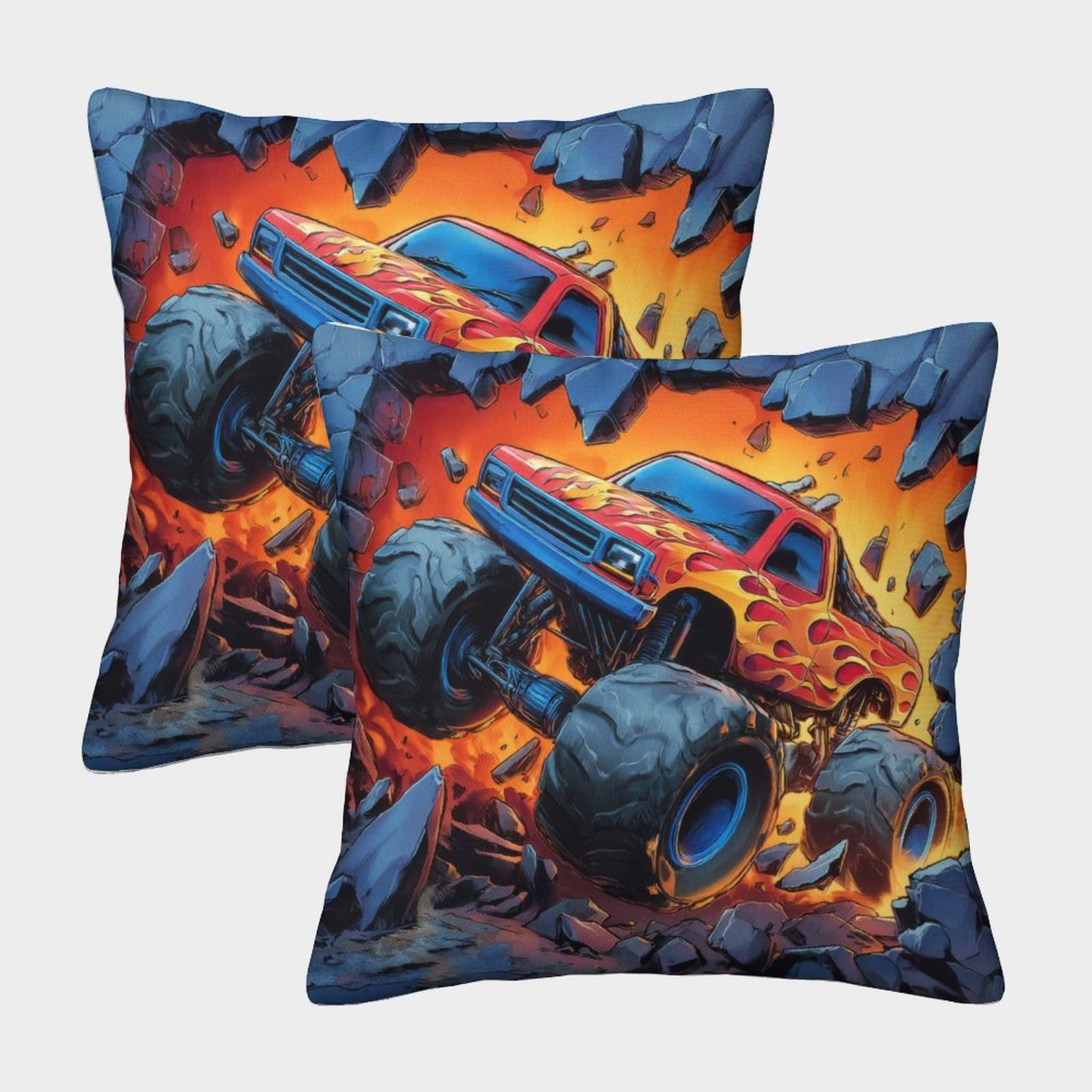 QFVANSIYO Dynamic Cartoon 3D Printed Monster Truck Pillowcase Microfiber Bedroom Decor Monster Truck Pillow Cover for Adults Teens 40x40cm