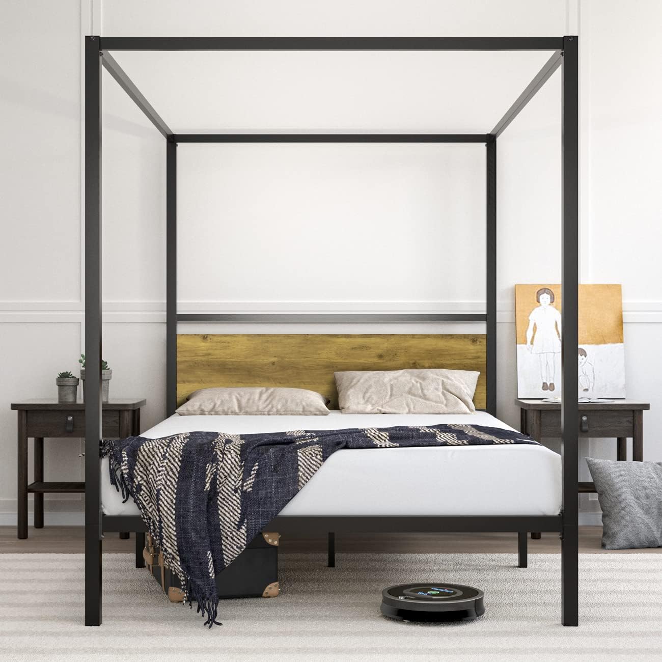 IMUsee canopy bed frame in a bedroom setting, showcasing the four-poster design