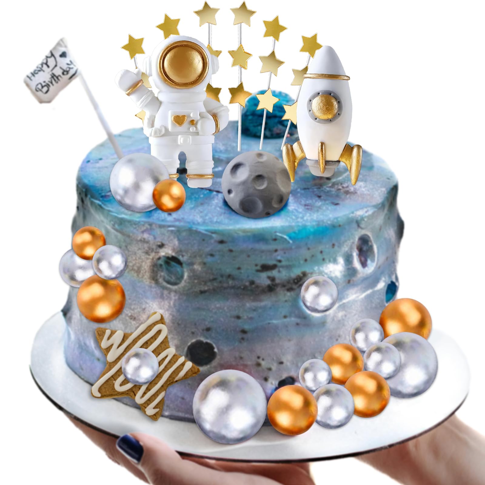 MEZHEN Astronauten Taartdecoratie - Verjaardag Astronaut Figuren Heelal Cake Topper - Happy Birthday Kinderverjaardag Decoratie Verjaardagsfeest