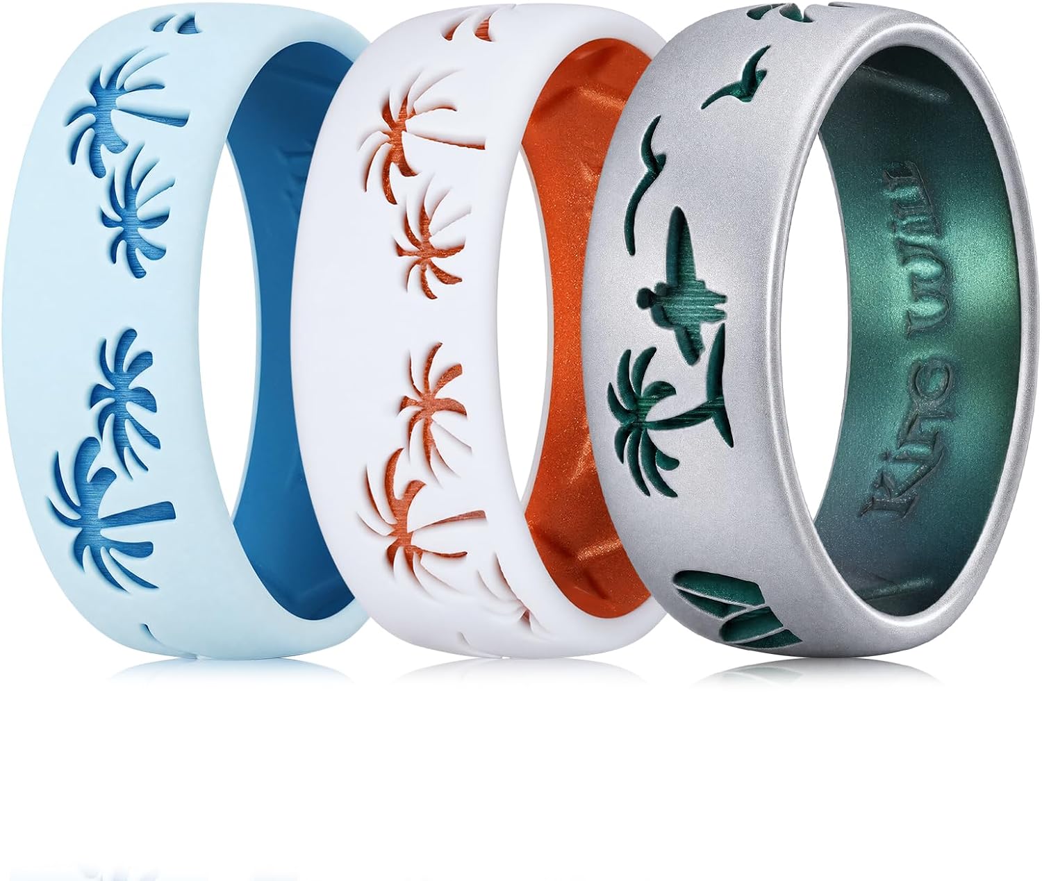Mens 3PC Wild Silicone Wedding Band Lasered Rubber Rings Vacation 8mm