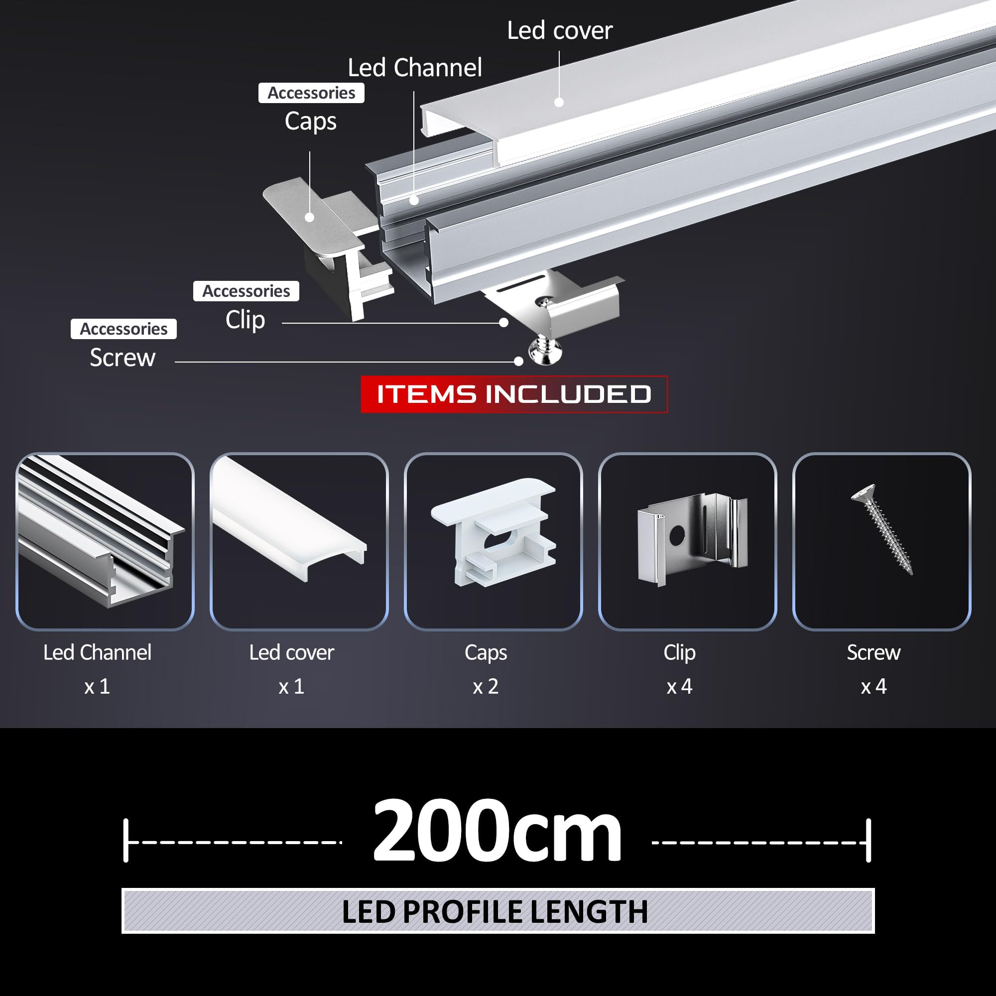 LED profil für 12mm LED-Streifen, schiene 10x2m Aluminium U profil aluminium, mit 10 Diffusorabdeckungen, 20 Endkappen und 40 Halterungen für indirekte Beleuchtung