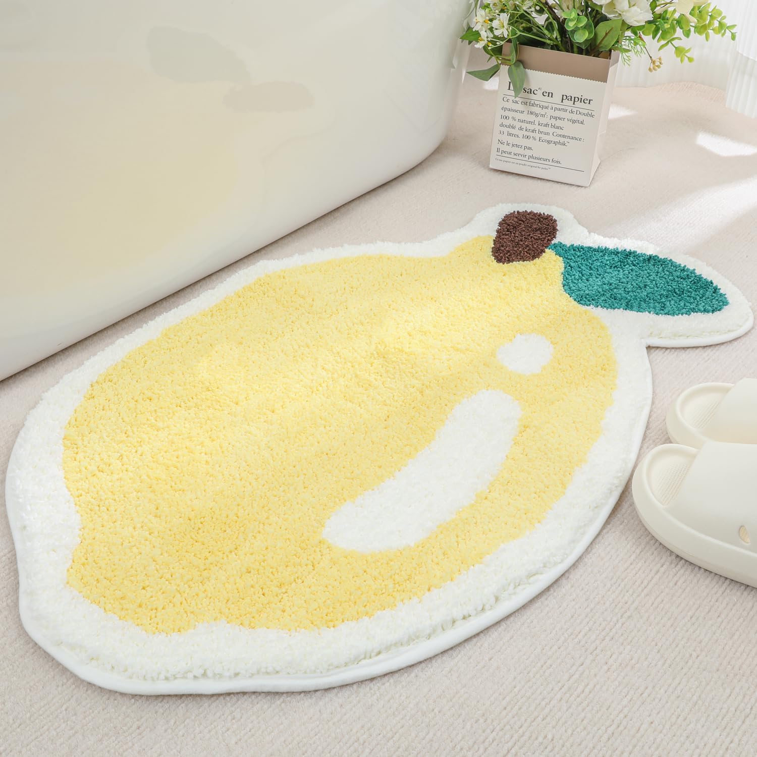 Cute Fruit Bath Mat - Super Absorbent, Non-Slip Plush Bathroom Rug, Thick for Bathroom and Bedroom, Machine Washable, Lemon Shape, 17" x 30" (50 x 80 cm)