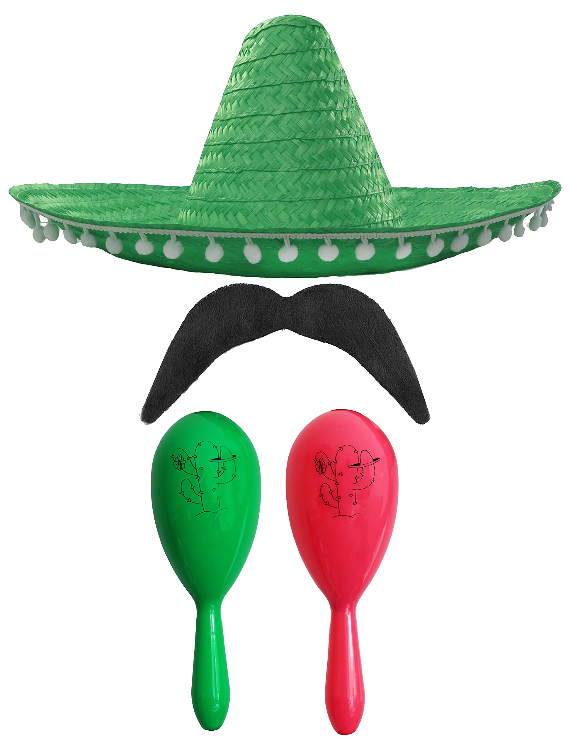 Adults Mexican Accessory Set - Green Mexican Sombrero, Green & Pink Maracas, Moustache - Mexican Cinco de Mayo Sensorita Bandit Mariachi Fancy Dress Costume Accessory Set