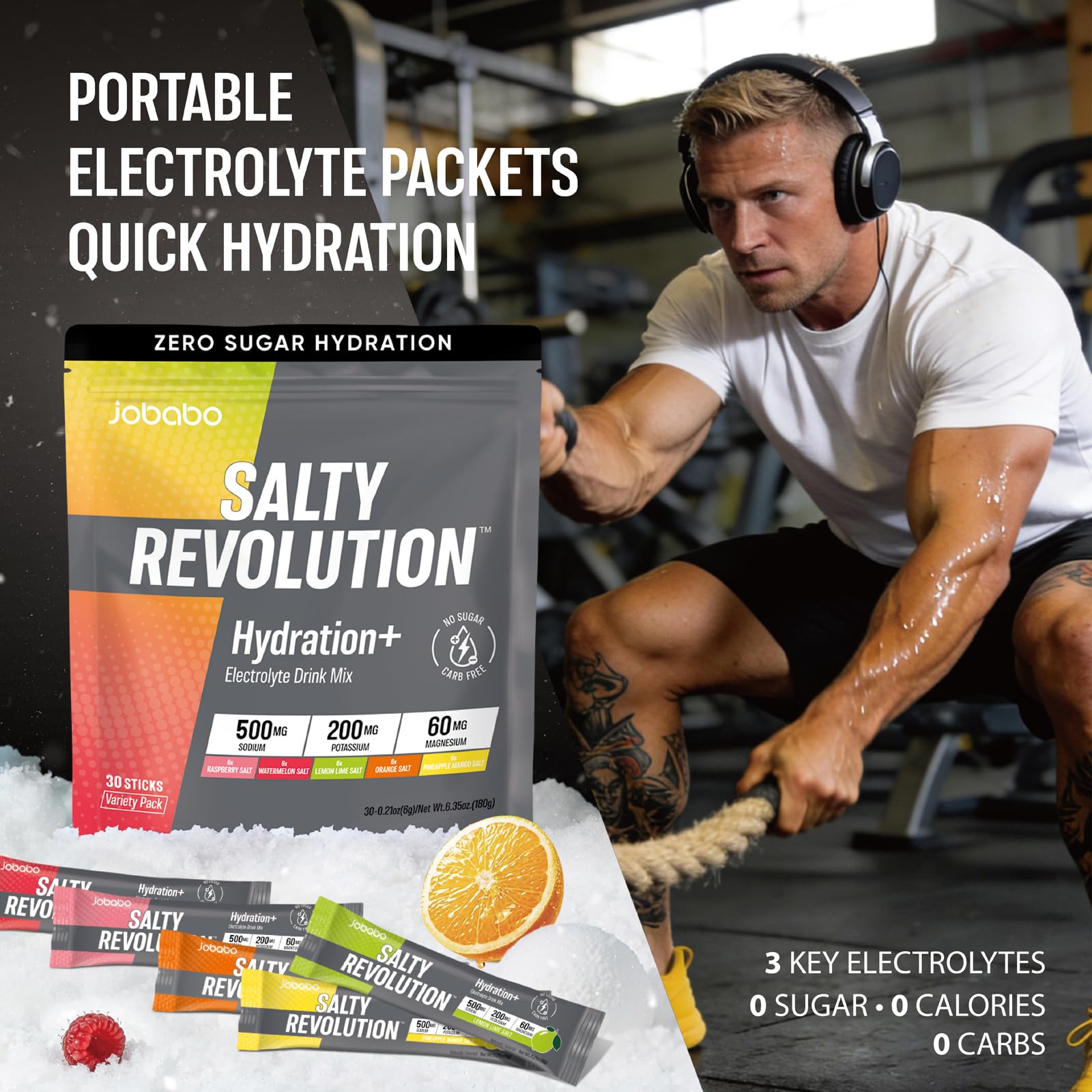 Jobabo Salty Revolution Electrolytes Powder Packets | Keto, Energy & Sports Hydration Support | No Sugar, Gluten-Free | Drink Mix Variety Pack (30 Sticks) - 5