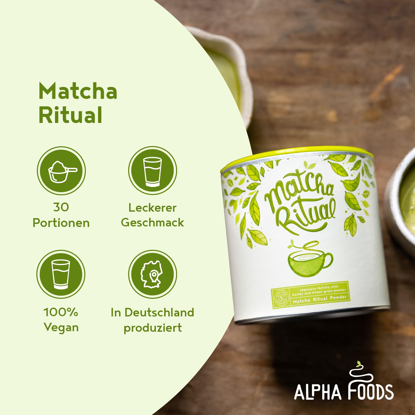 Alpha Foods Matcha Latte Pulver, vegan, 25% japanischer Zeremonien-Matcha Ritual mit Kokosnussmilch-, Gersten- und Weizengraspulver, für Smoothies, Shakes und Tee, 210g, 30 Portionen, Macha Powder