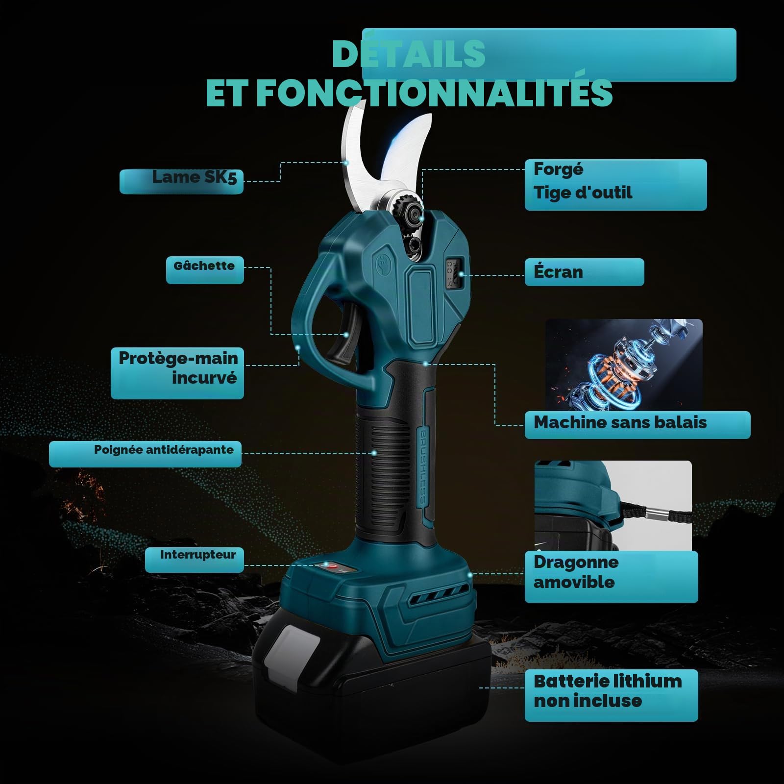 Sécateur électrique sans fil 45 mm compatible avec batterie Bosch GBA 18 V Moteur sans balais Scie d'élagage électrique Ciseaux LCD pour tailler les arbres fruitiers