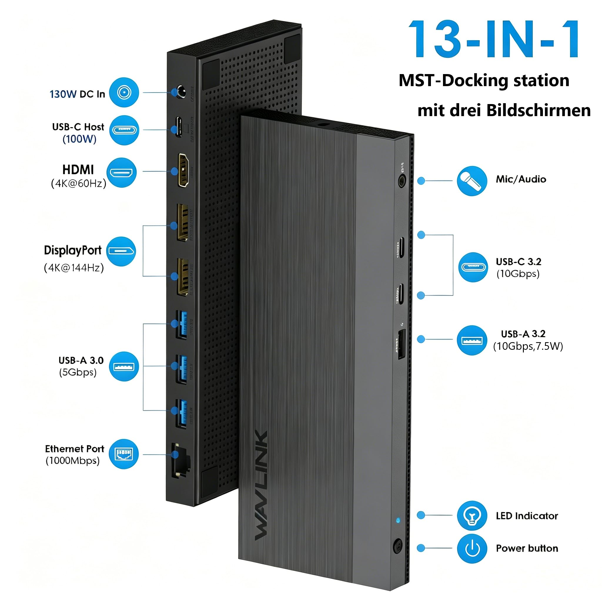 Laptop Docking Station, Docking Station 3 monitore mit 2* DP + HDMI,4K@144Hz,130 W PD-Ladegerät, USB-C/A 10 Gb,3* USB-A 5Gb, Audio, Gigabit-Ethernet,für Dell,HP,Lenovo,Windows System Computer
