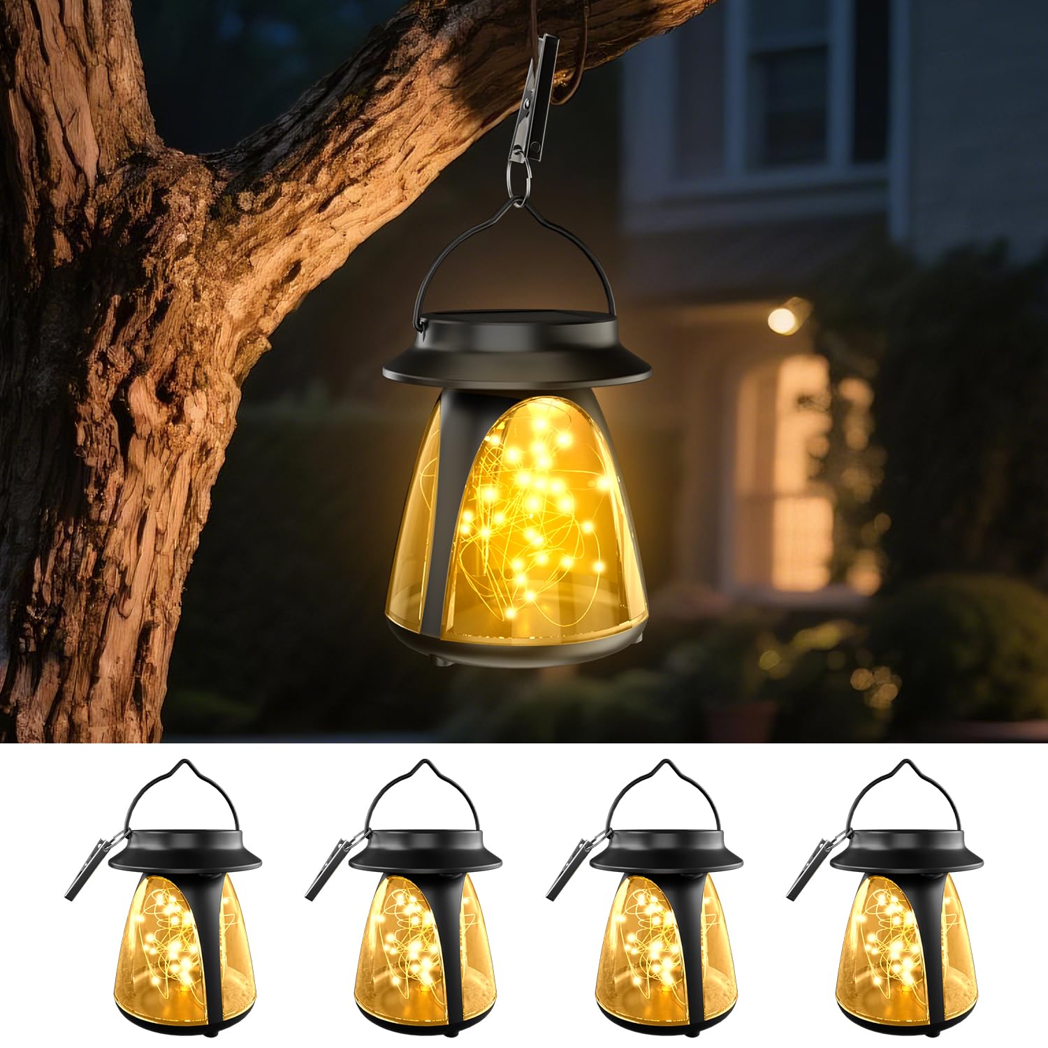 Lot de 4 Lanternes Solaires Extérieures 2 en 1 – Éclairage de Chemin à Intensité Améliorée, Étanche, Fixation Polyvalente (Suspension, Pince ou Piquet) – Idéal pour Jardin, Terrasse et Allée