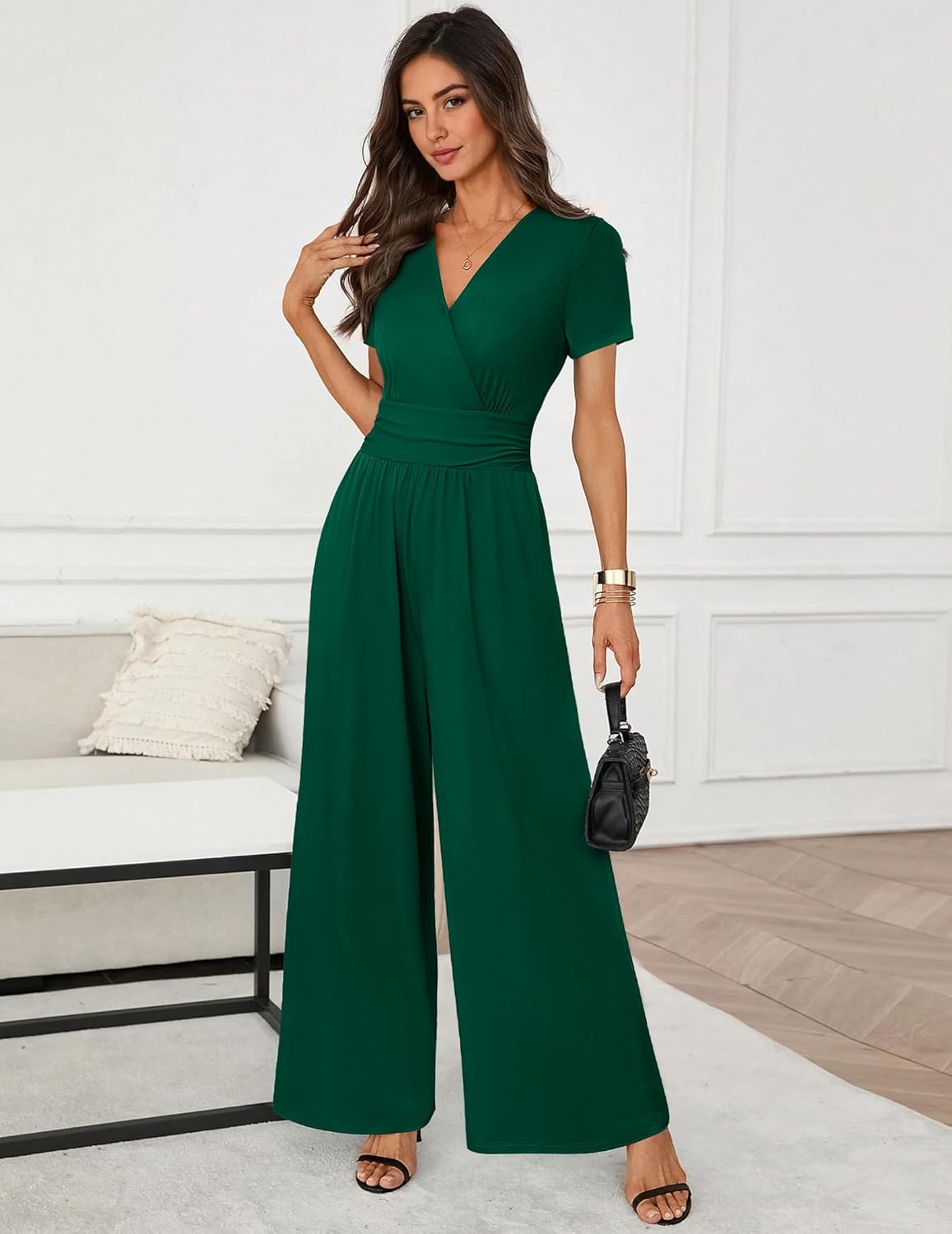 Summer Jumpsuits for Women Dressy 2026 Casual Short Sleeves Deep V Neck Romper High Waist One Piece Outfits Green S - Image 4