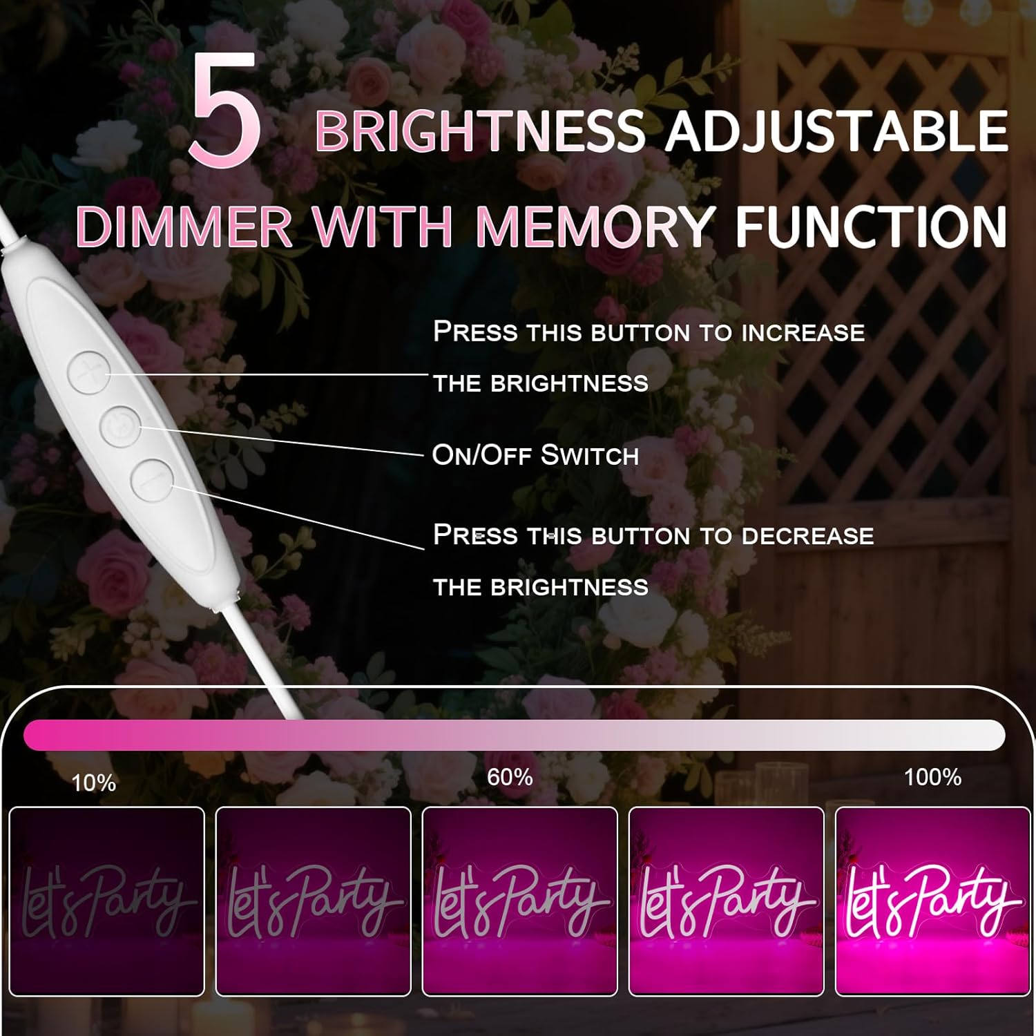 Let's Party Neon Sign, LED Dimmable Let's Party Light Up Sign Neon Light Signs for Wall Decor Art Decorative Lights for Birthday, Wedding, Bachelorette, Engagement Party Decorations 15.91x7.09 Pink - Image 3