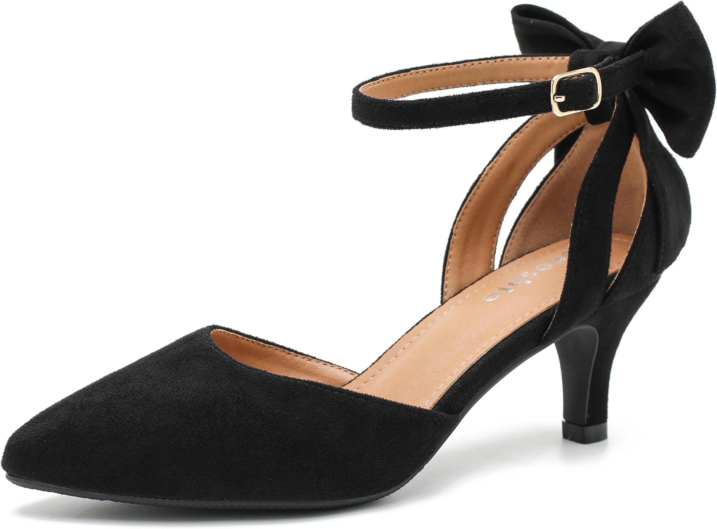 Women's Kitten Heel Pumps with Bow, Ankle Strap, Pointed Toe, Wedding Evening Dress Shoes