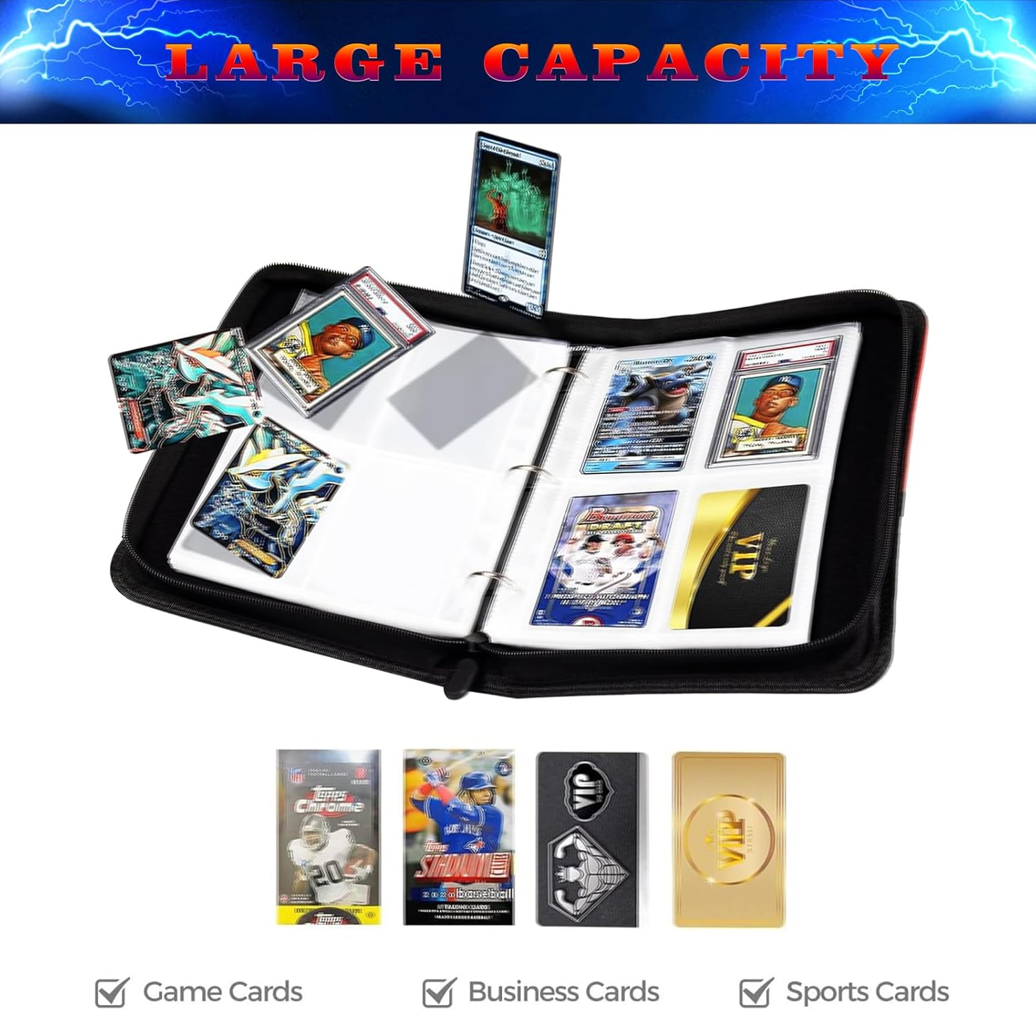 400 Cards Football Card Binder, 4-Pocket Card Collections Trading Card Binder 50 Pages Double-Sided Cards Holder with Zipper 3-Ring Card Album for Sports Football Card Sleeves Protectors