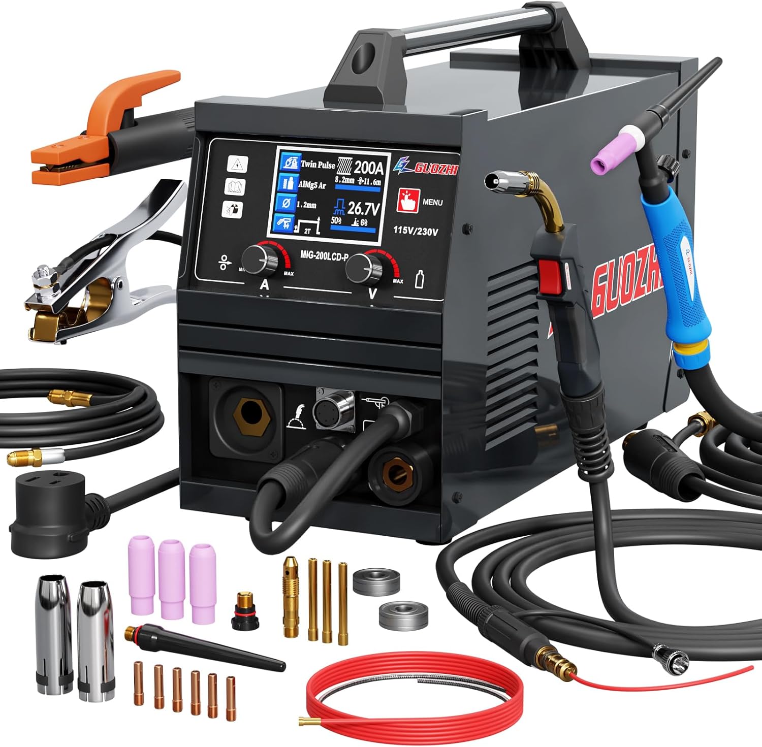 GZ GUOZHI Aluminum MIG Welder, 200A 10 in 1 Double Pulse MIG/Gas MIG/MAG/Gasless Flux Core MIG/Stick/Lift TIG/Spot welding/Spool Gun 110V/220V Multi Process Welding Machine with LCD Digital Display
