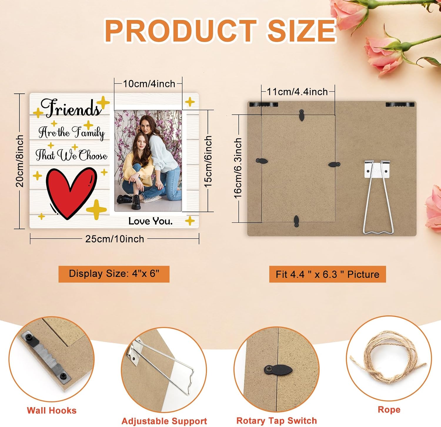 Best Friend Birthday Gifts for Women Friendship Gifts for Women Wooden Photo Frame Long Distance Friendship Present Birthday Christmas Picture Frame Present for Friends Female Coworker Sister Mom Her image 2