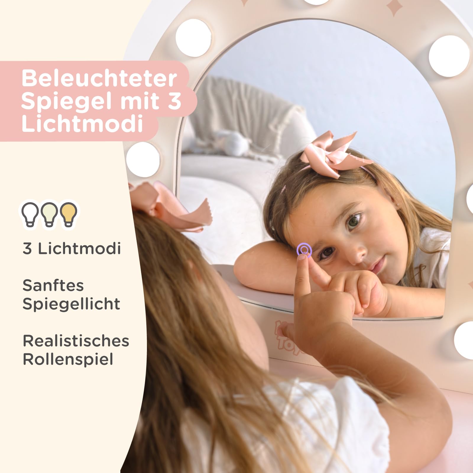 Nene Toys Schminktisch Kinder mit Hocker & beleuchtetem Spiegel, Kinder-Schminktisch aus Holz, 3 Lichtmodi, Mädchen Frisiertisch mit Schublade, Zubehör, Geschenk ab 3 Jahren
