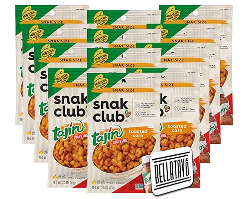 Paquete de nueces de maíz tostadas Incluye doce bolsas de 25 onzas de nueces de maíz tostadas Snak Club Tajin además de un imán de nevera BELLATAVO