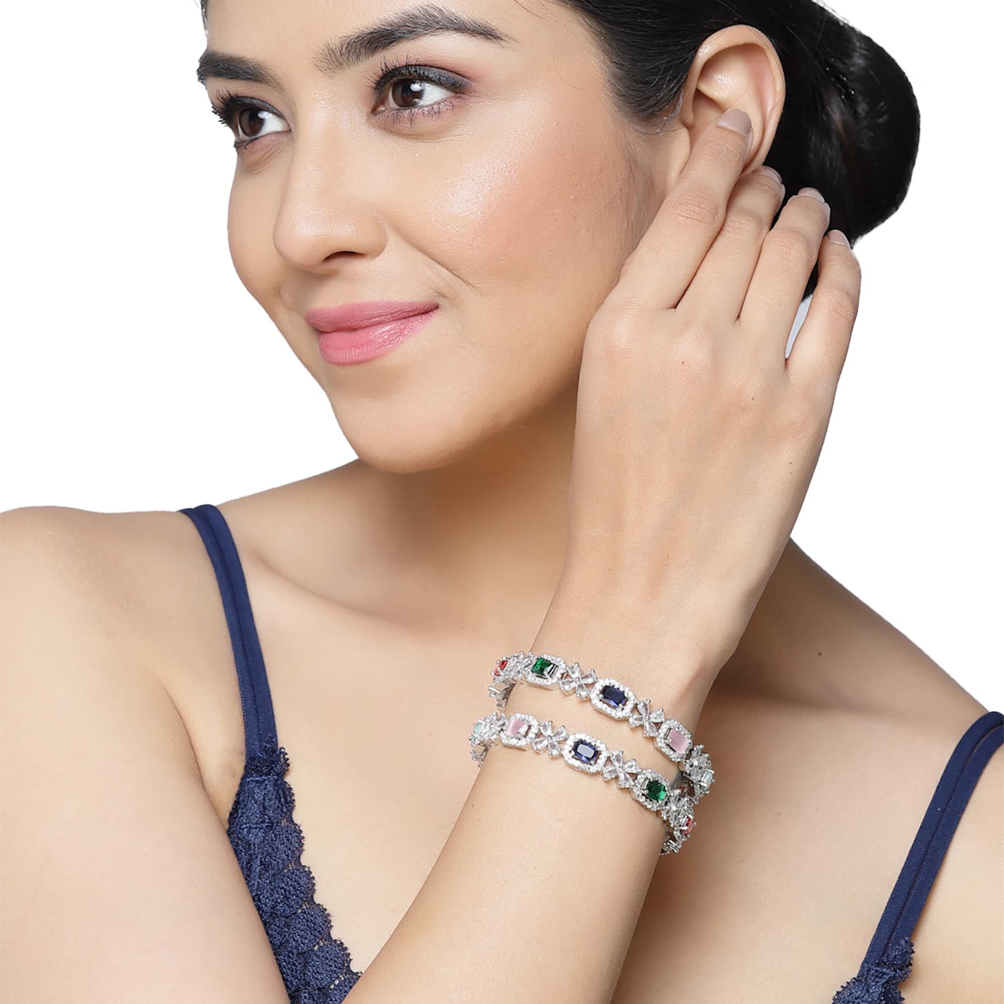 Rhodium-Plated Silver Toned AD Square Shaped Bangle Set (Design_04)