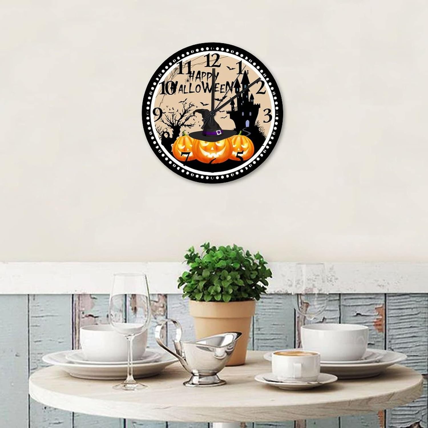 Happy Halloween Pumpkin Hunted House Clock Wooden 12 Inch, Happy Scary Night Witch Hat Jack-o-Lantern Evil Halloween Living Room Clock Battery Operated Silent Noiseless Round Arabic Numeral Clock