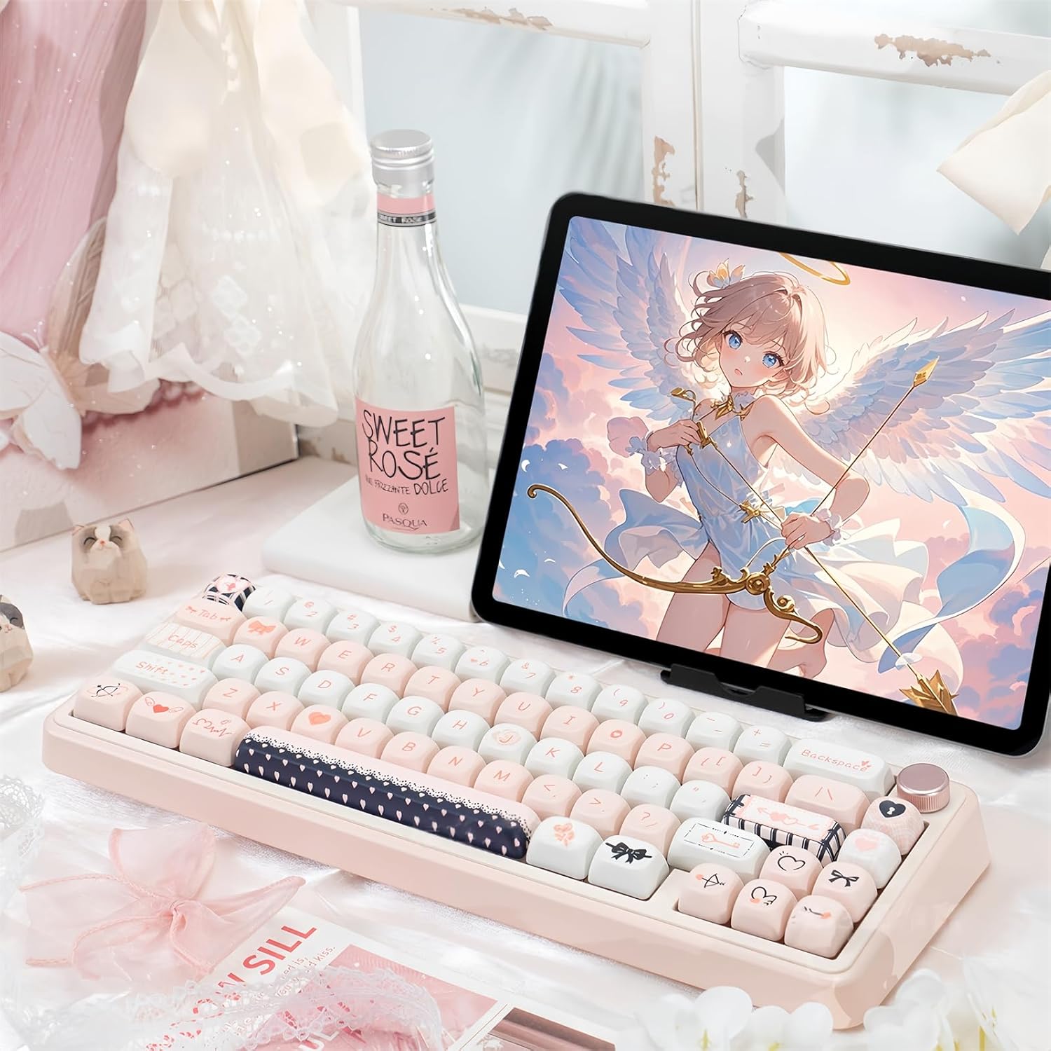 Cute MOA Keycaps,Gradient Pink-Cupid Kawaii Round Keycaps Custom 114 Keys Keycap Set Thick PBT Keycap for Cherry MX Switch 75% 60% Mechanical Gaming Keyboard Creamy Key Cap