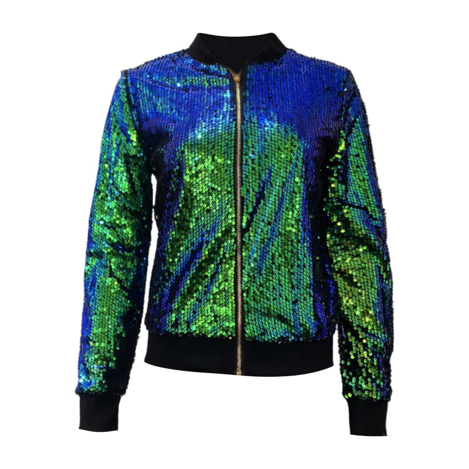 Baseball Jacke Damen Pailletten Reißverschluss Langarm Jacken Blazer Sakko Pailletten Blazer Jacke Elegant Kurz Sakko Rave Party Outwear Blazermantel Bomberjacke Bikerjacke Übergangsjacke Lässig