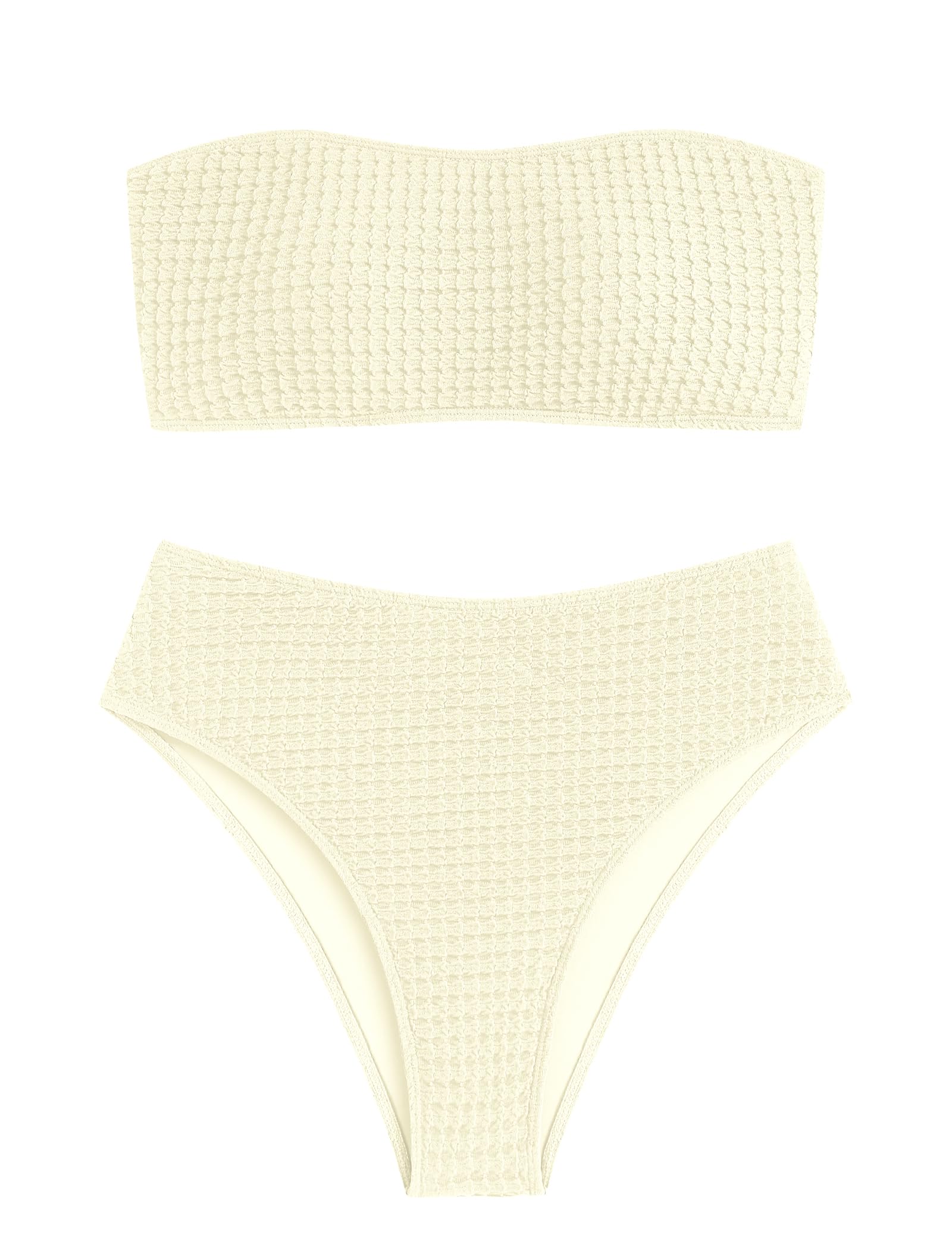 ZAFUL Women's High Cut Bandeau Bikini Set Strapless 2 Pieces Bathing Suit | Solid Color Swimsuit High-waisted Bikini Set