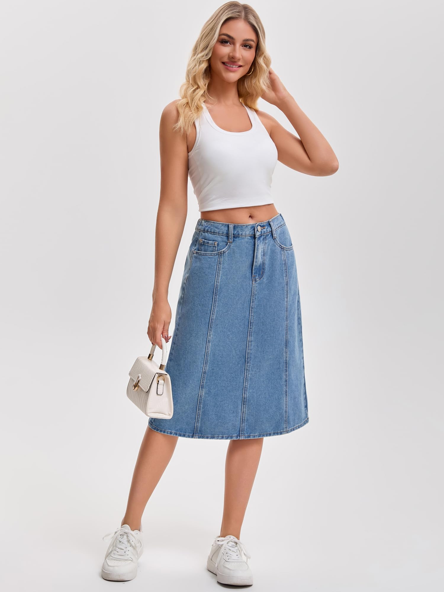 Mujer Falda Midi de Mezclilla en Linea a | Tiro Medio Cintura Elástica Trasera Largo Bajo Rodilla Bolsillos Vaqueros Casual Western