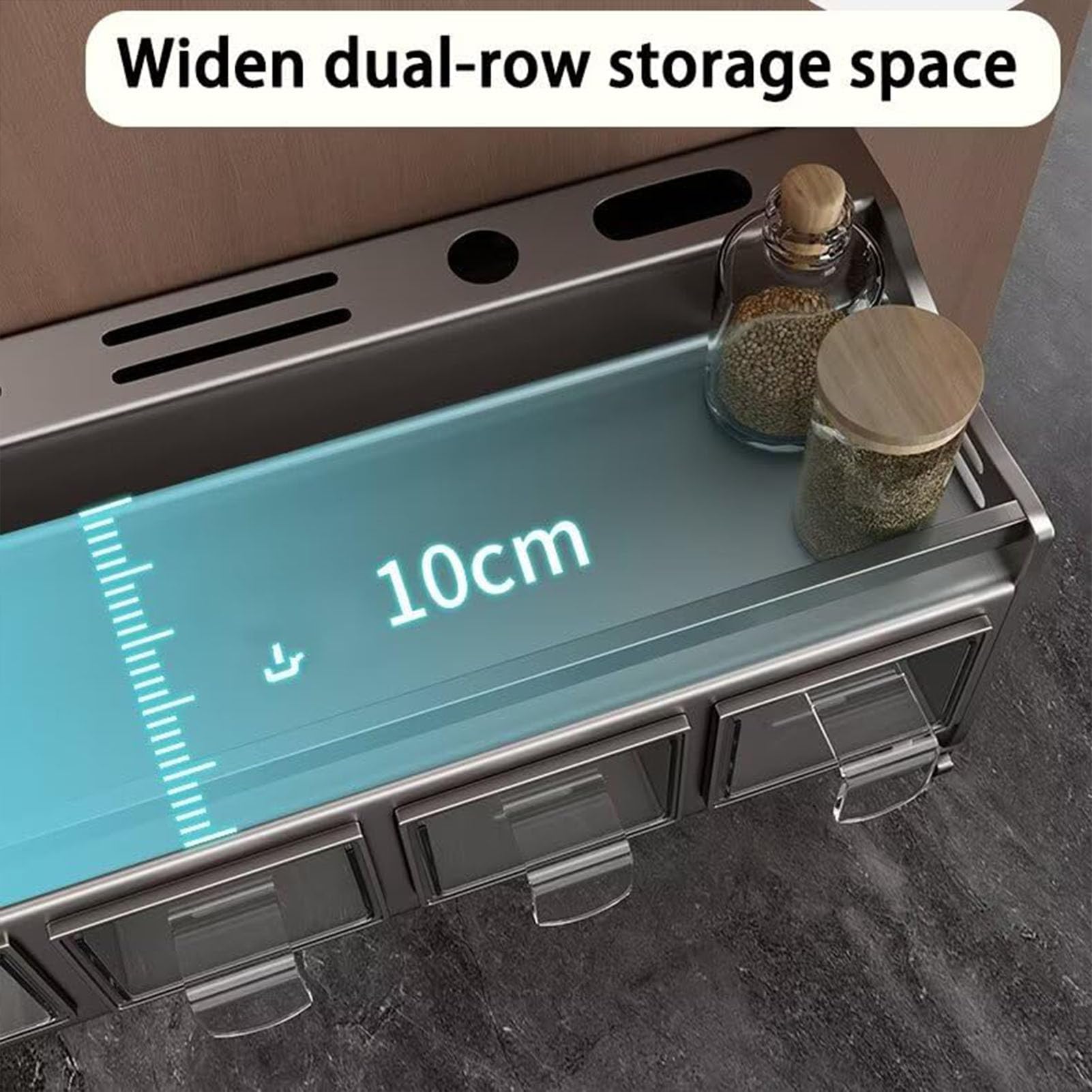 43cm,Portaspezie da Parete Mensola Cucina Parete Senza Perforazione Porta Spezie da Appendere con Portaspezie, Porta Salviette e Ganci, Organizer Cucina per Riporre Spezie