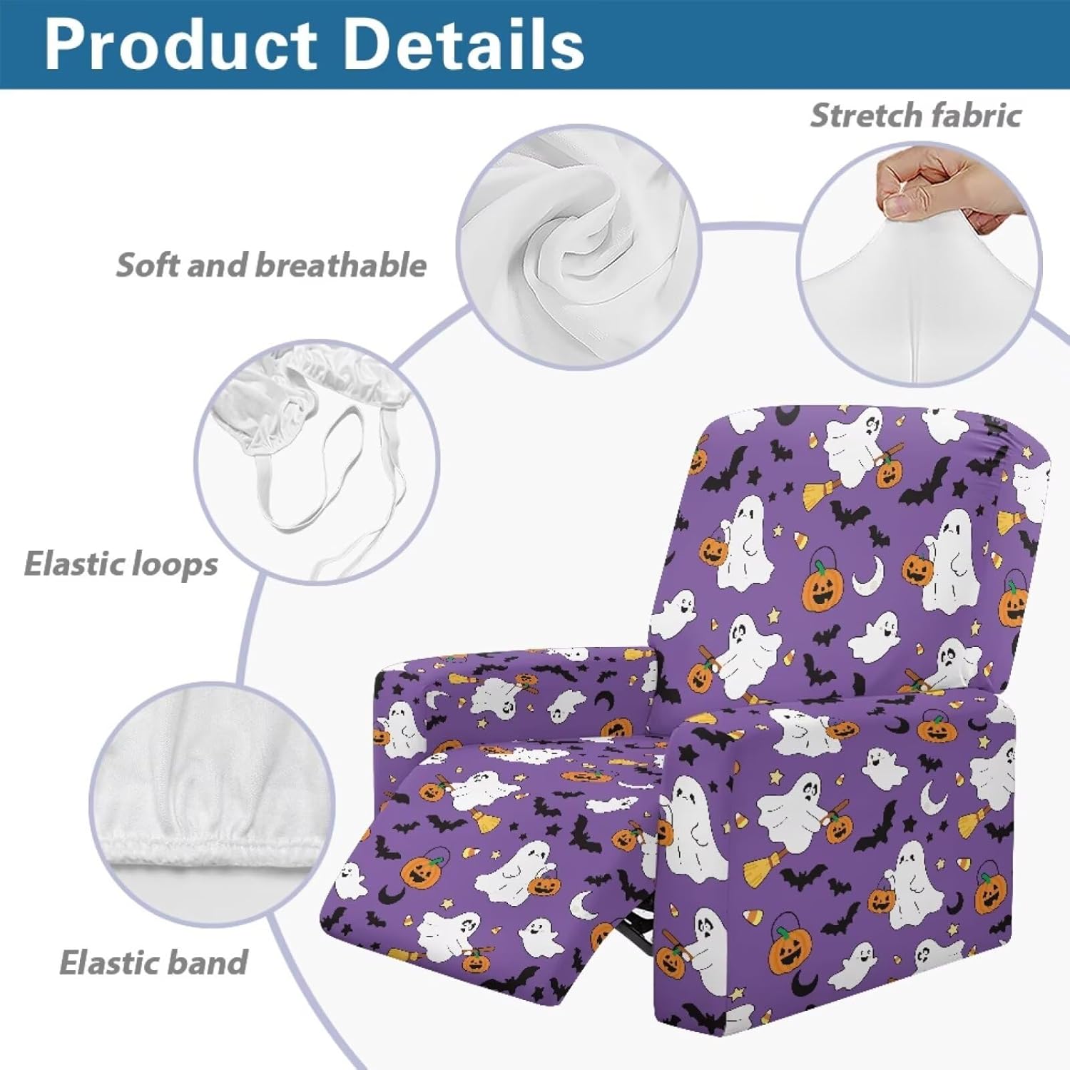 Recliner Slipcover Stretch Fabric Reclining Chair Protector for Single Seat Lounge Armchair Halloween Ghost Bat Pumpkin Print Anti-Dust Furniture Cover